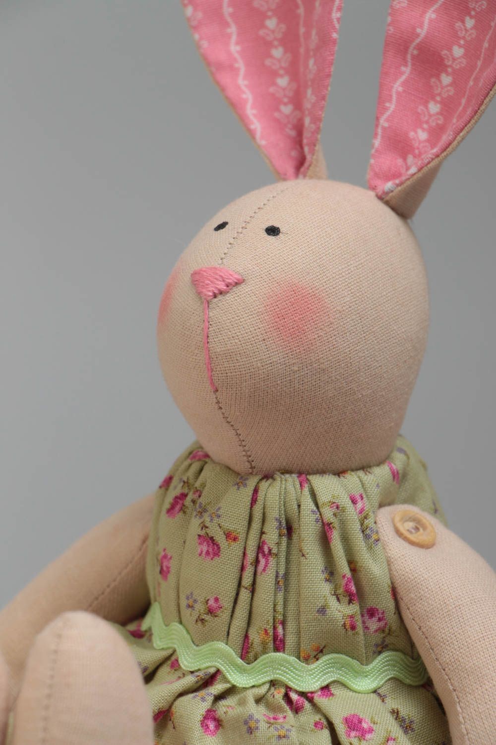Handmade designer cotton fabric soft toy rabbit in green and pink sun dress  photo 3