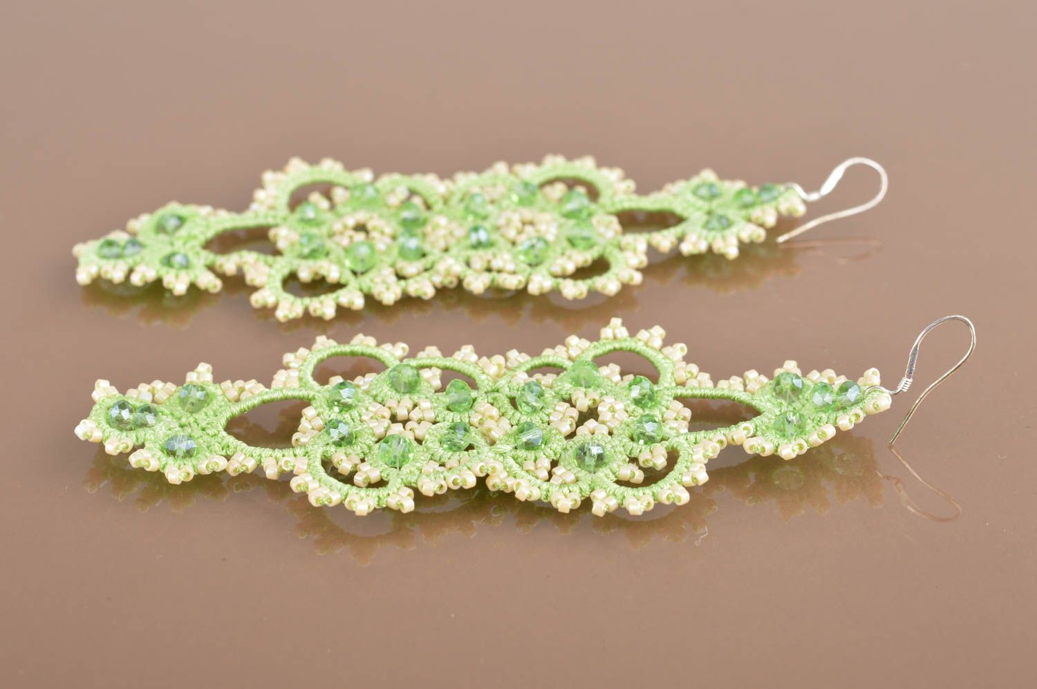 Beautiful women's handmade designer crochet tatting earrings with beads photo 5