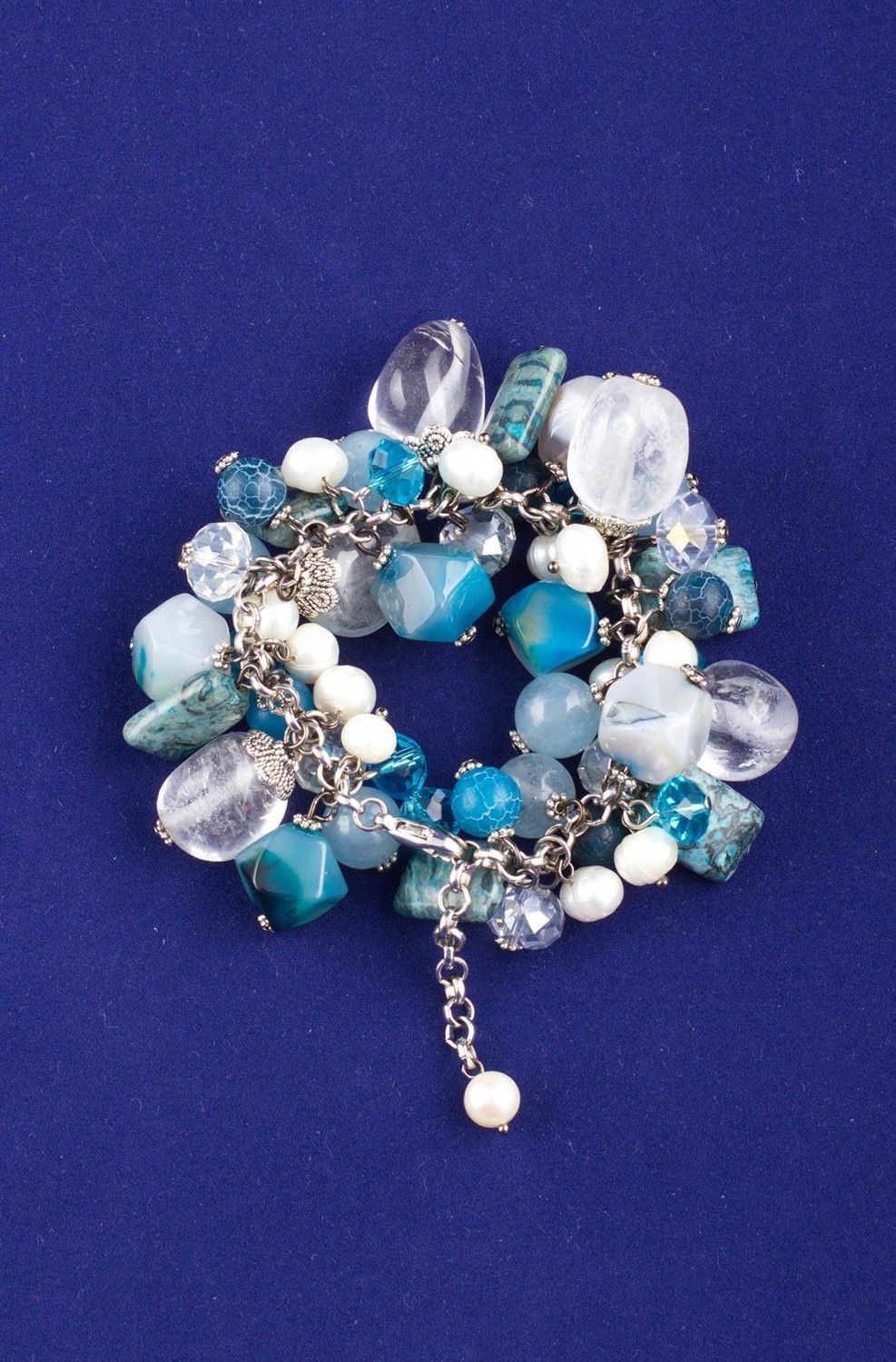 Handmade transparent and blue stone beads bracelet on-chain for her photo 3