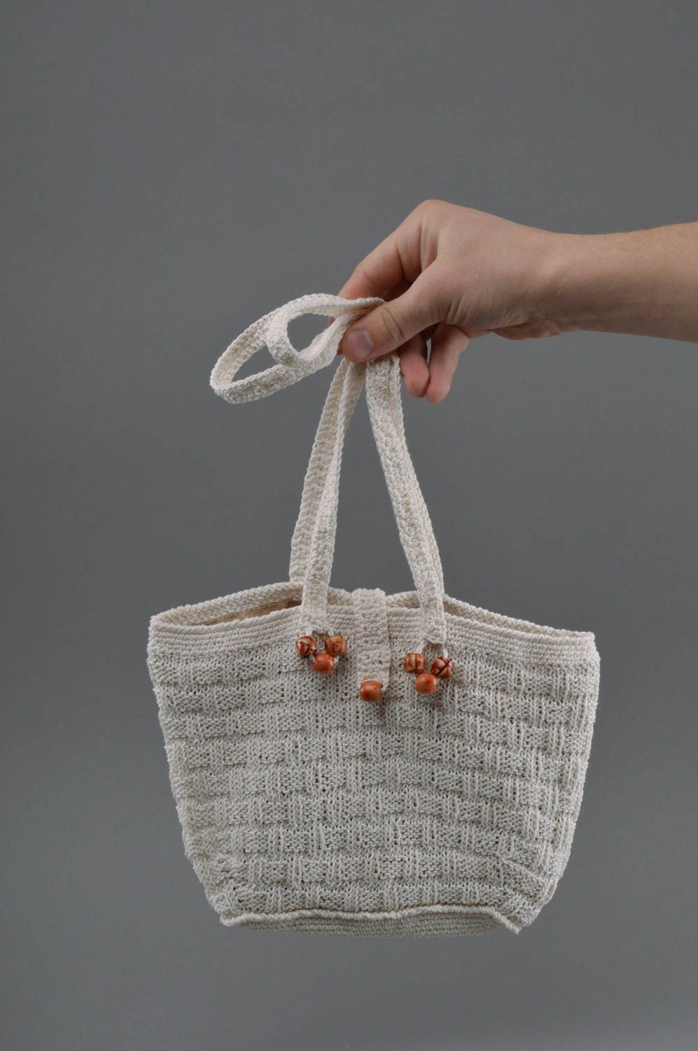 Beautiful women's handmade designer white crochet shoulder bag with beads photo 4
