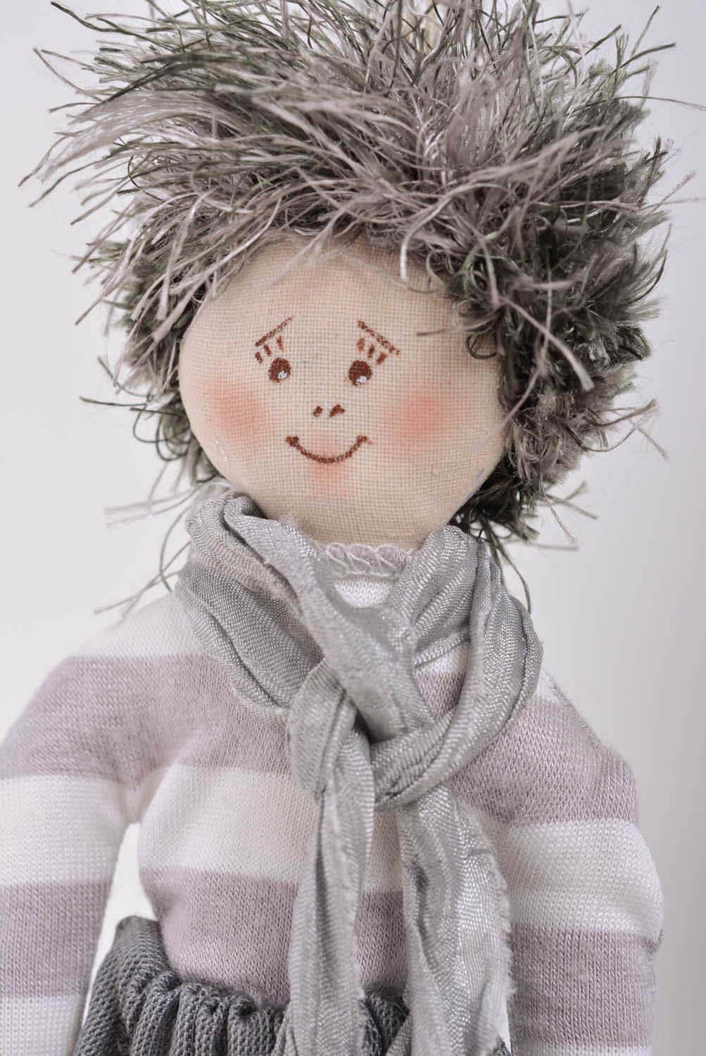 Handmade designer interior fabric soft toy boy with gray scarf and red heart photo 2