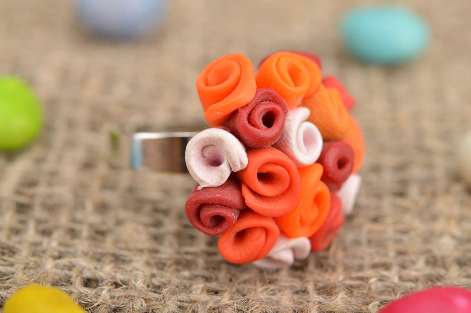 Handmade unusual ring made of polymer clay in form of bouquet of orange roses photo 1