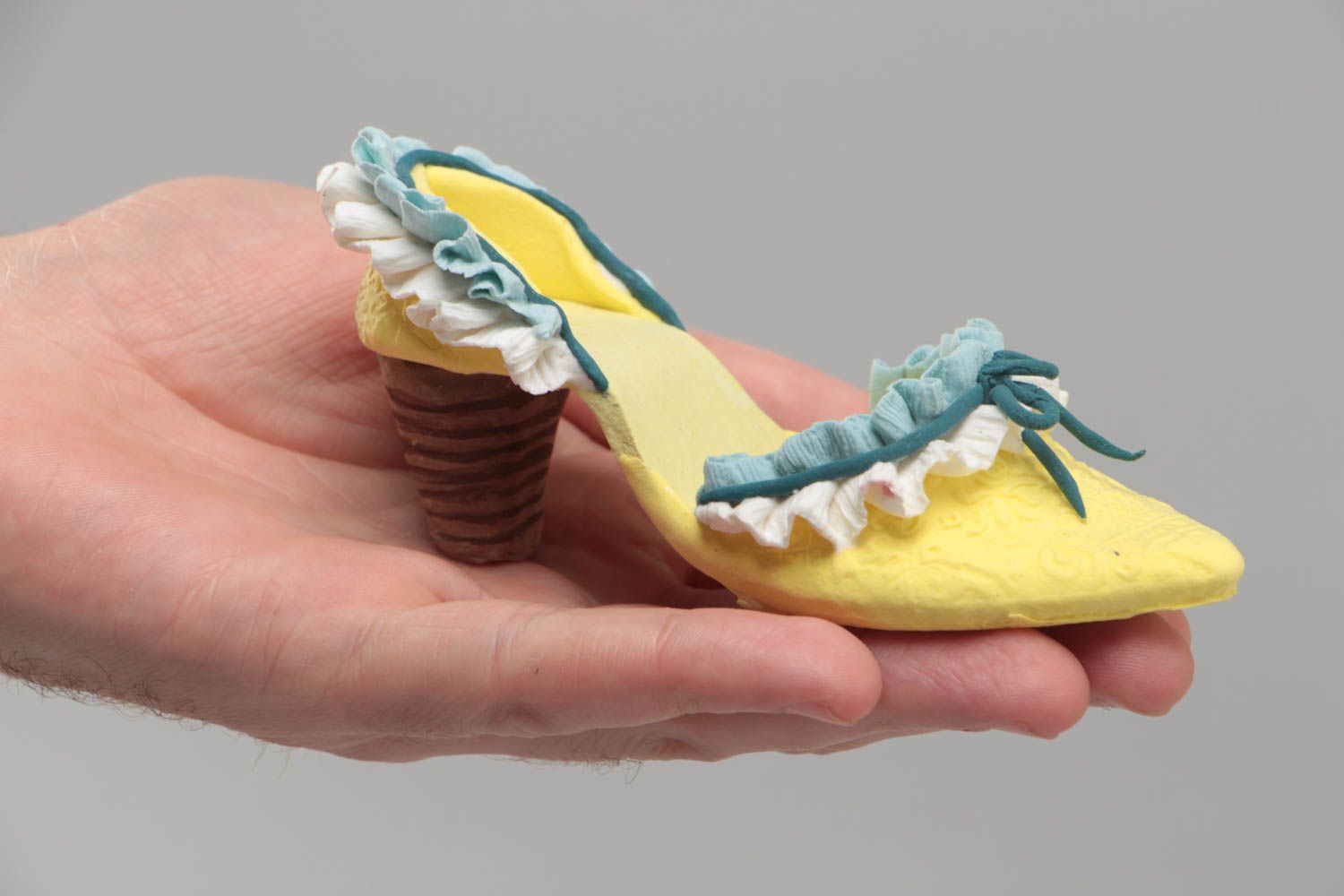 Handmade decorative polymer clay figurine of yellow and blue shoe for interior photo 5