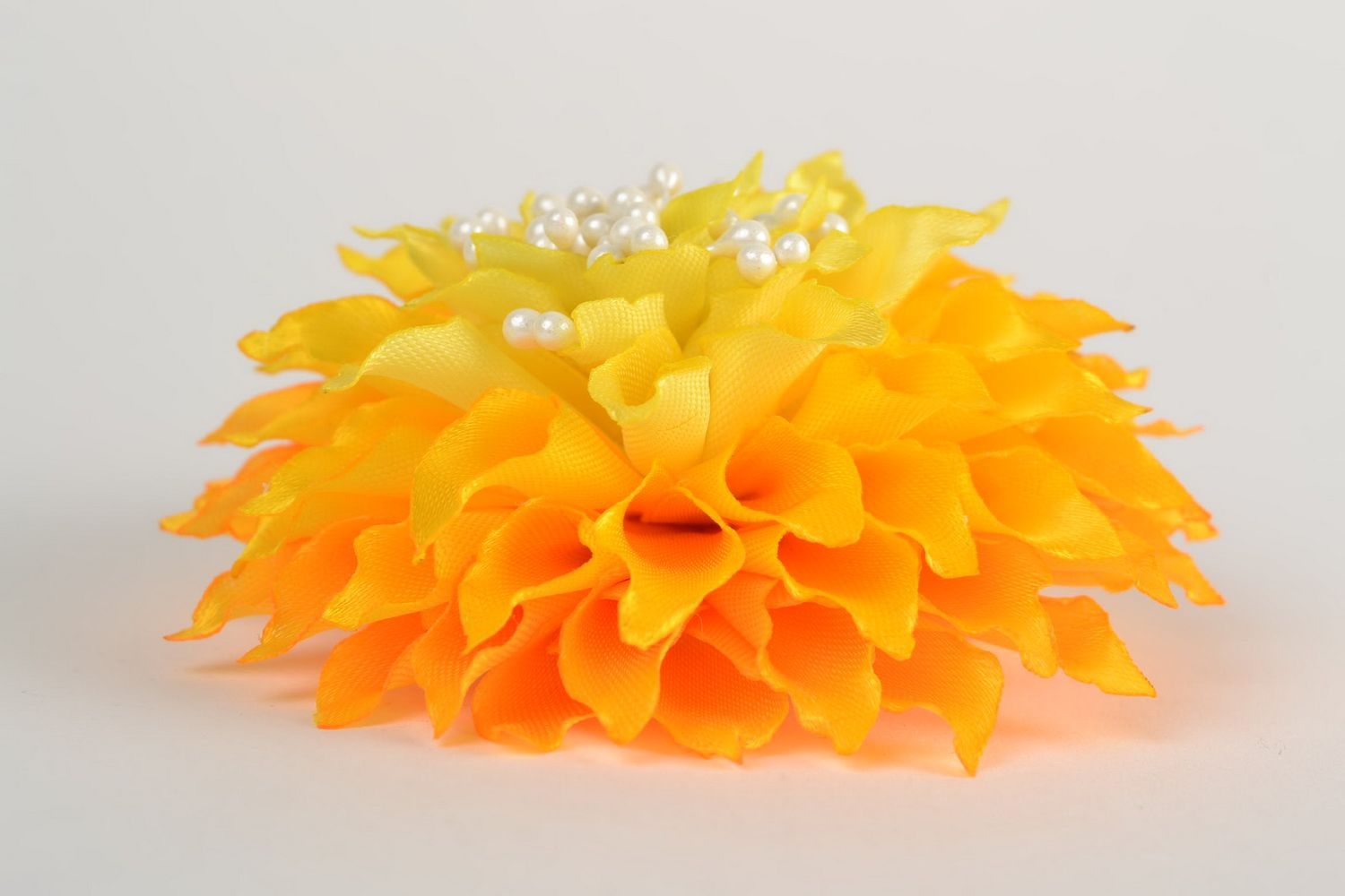 Handmade decorative hair band with large volume satin ribbon yellow flower  photo 4