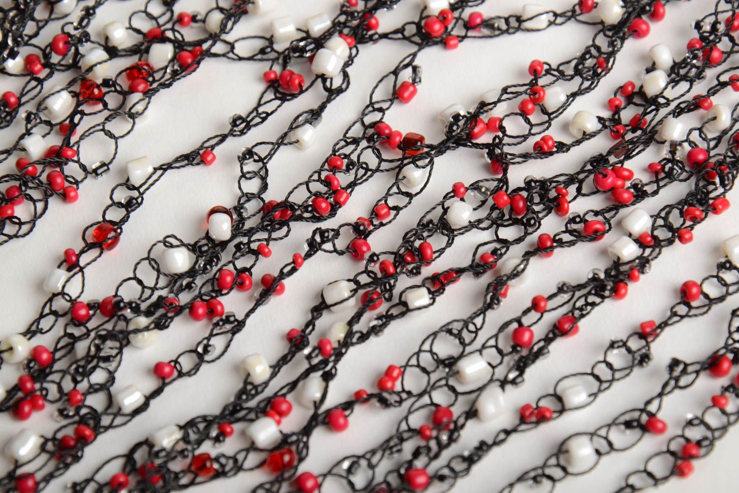 Handmade volume airy necklace crocheted of beads in white red and black colors photo 5