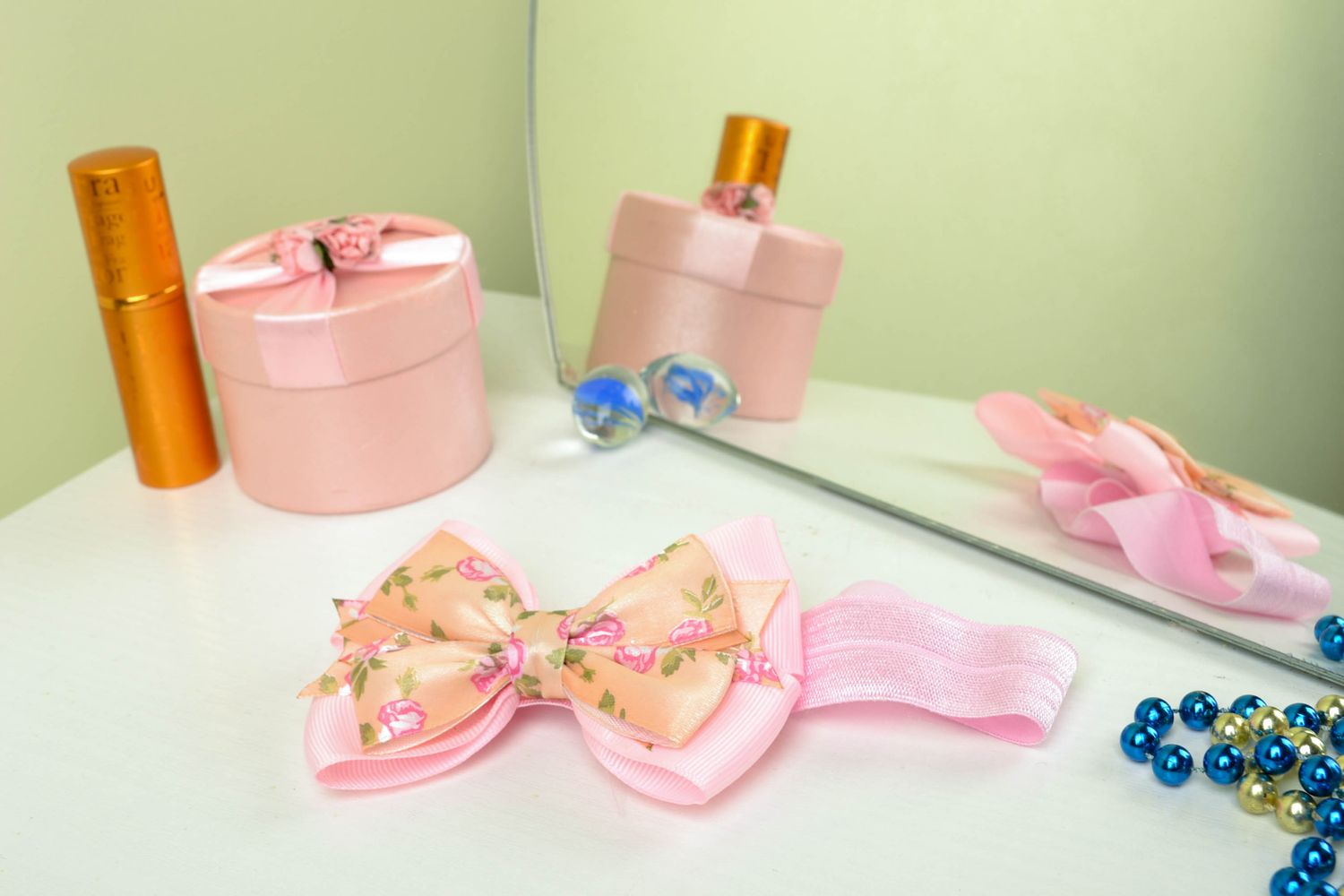 Designer headband with pink bow and rep ribbons photo 1