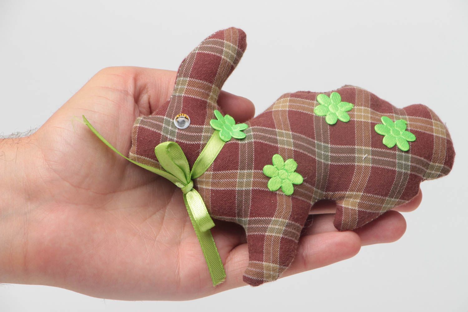 Handmade decorative chintz fabric soft toy checkered rabbit with green bow photo 5
