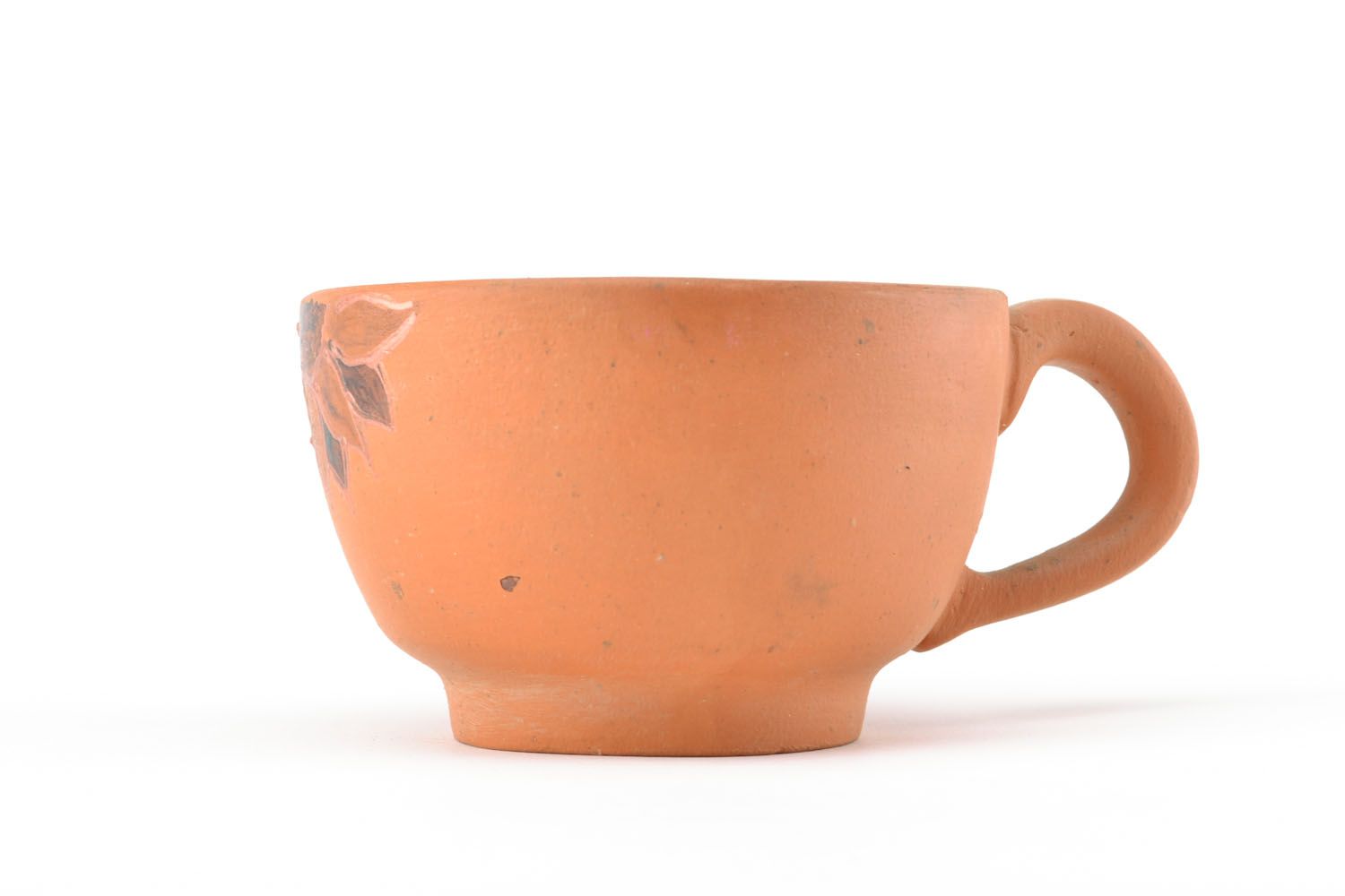 Clay flat 5 oz coffee cup in terracotta color with handle and sunflower pattern photo 1