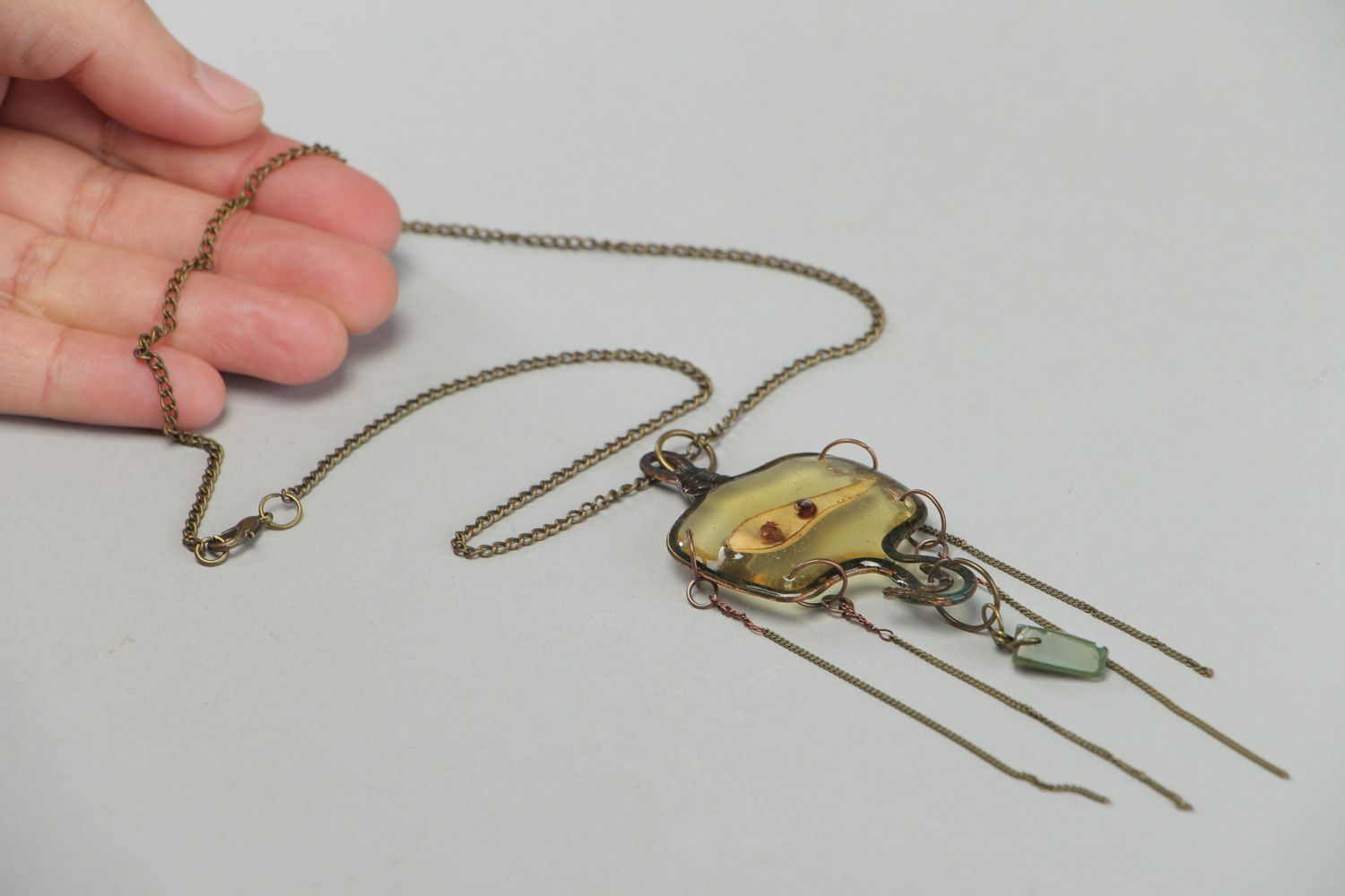 Handmade pendant with natural flowers in epoxy resin on long chain Jelly Fish photo 4