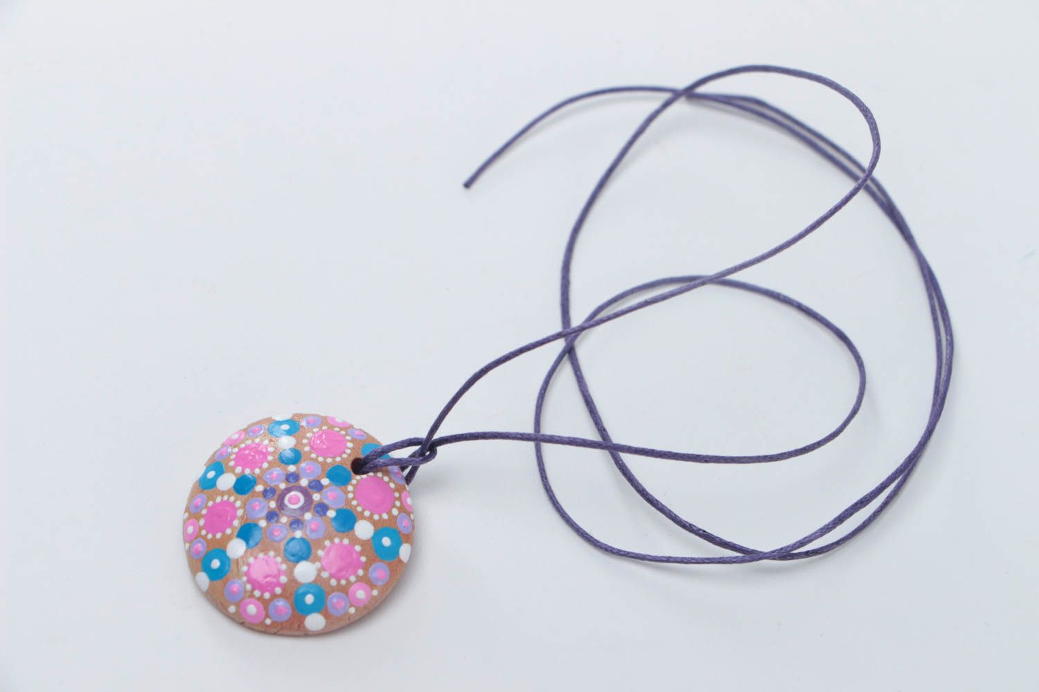 Handmade designer women's round ceramic pendant painted with acrylics on cord photo 2