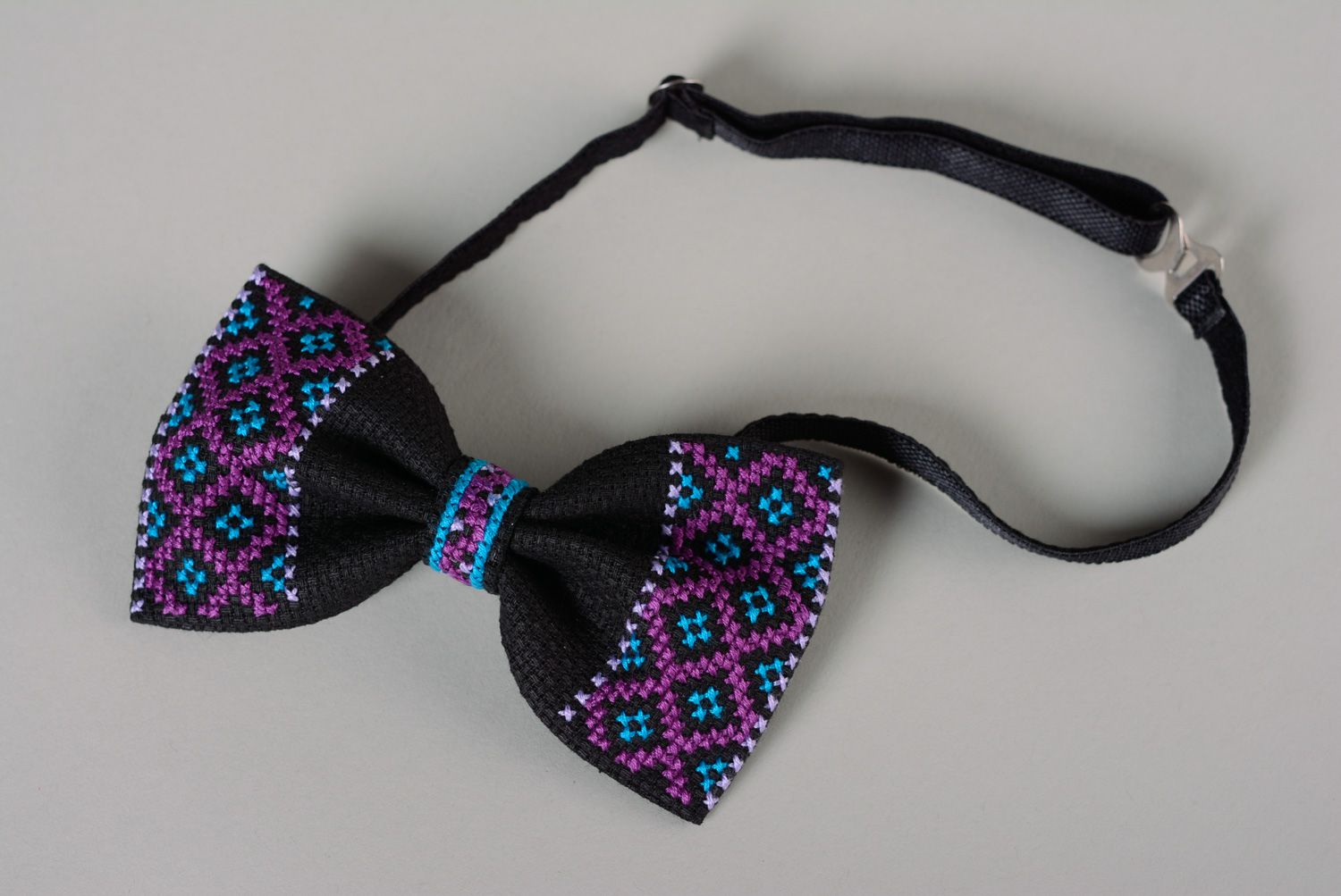 Handmade black bow tie sewn of fabric and decorated with embroidery for men photo 3