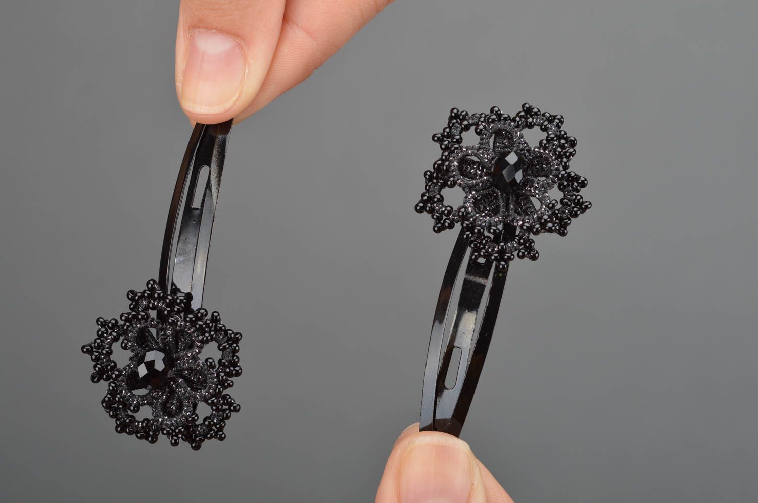 Handmade black hair clips made of satin threads using tatting technique 2 pieces photo 3