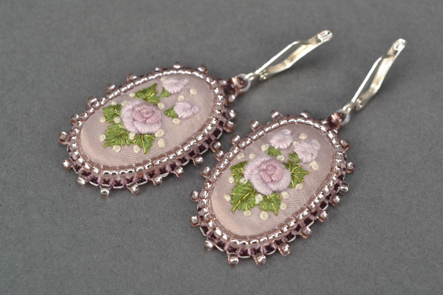 Handmade oval embroidered earrings with beads Nacre photo 4