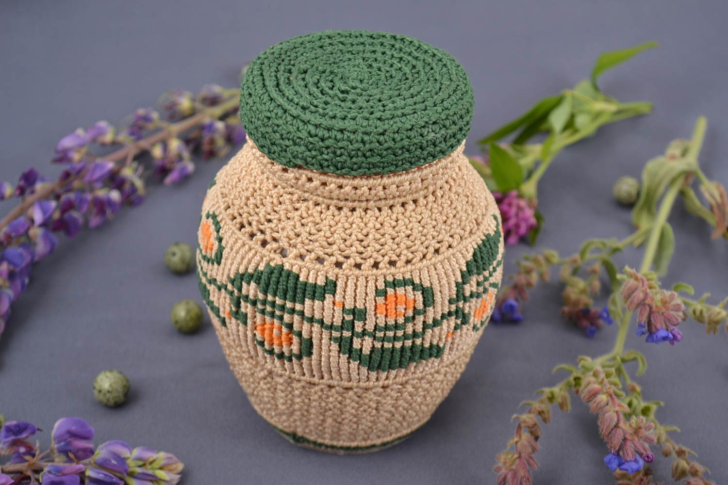 Handmade decorative macrame woven container for dry goods with lid 50 ml  photo 1