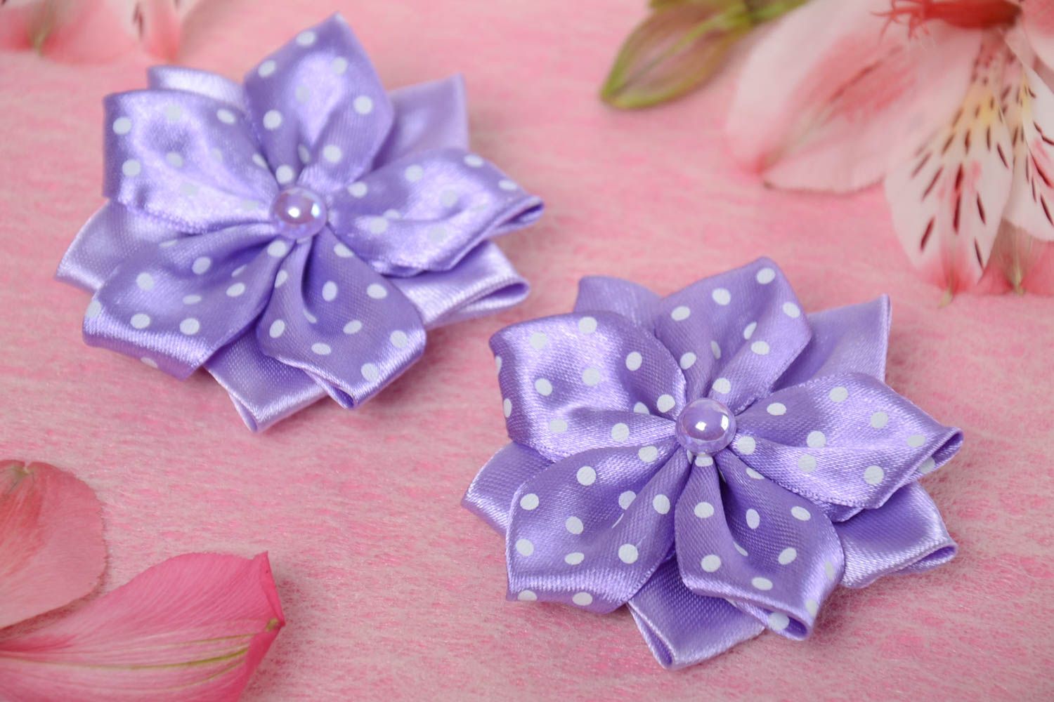Set of handmade violet textile flower barrettes for children 2 pieces photo 1