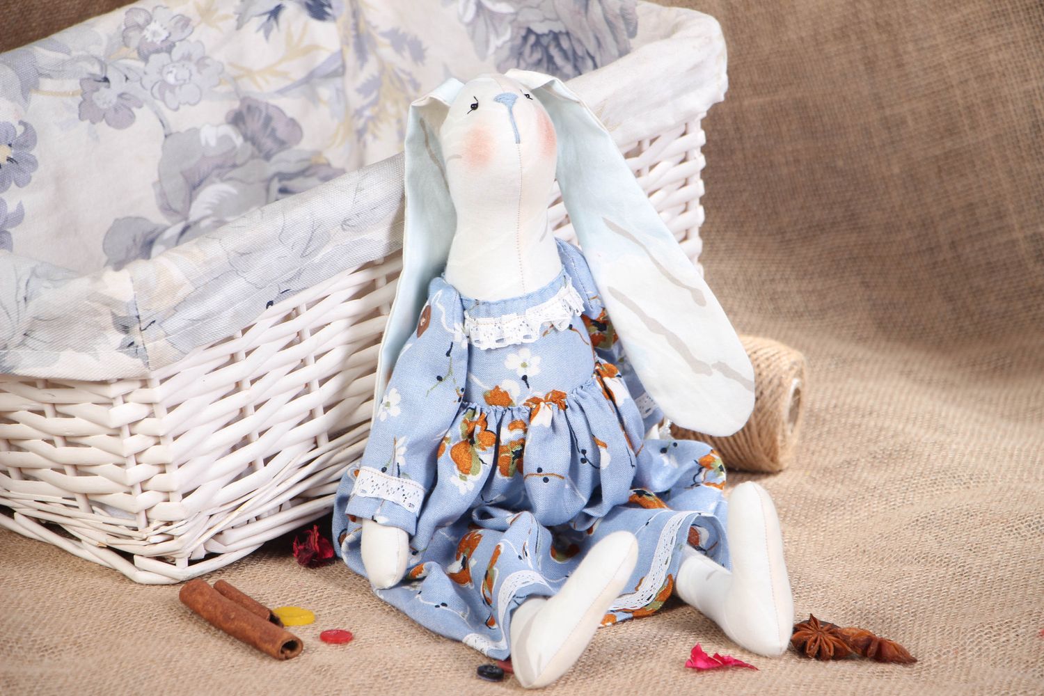 Handmade fabric soft toy Rabbit in blue dress photo 5