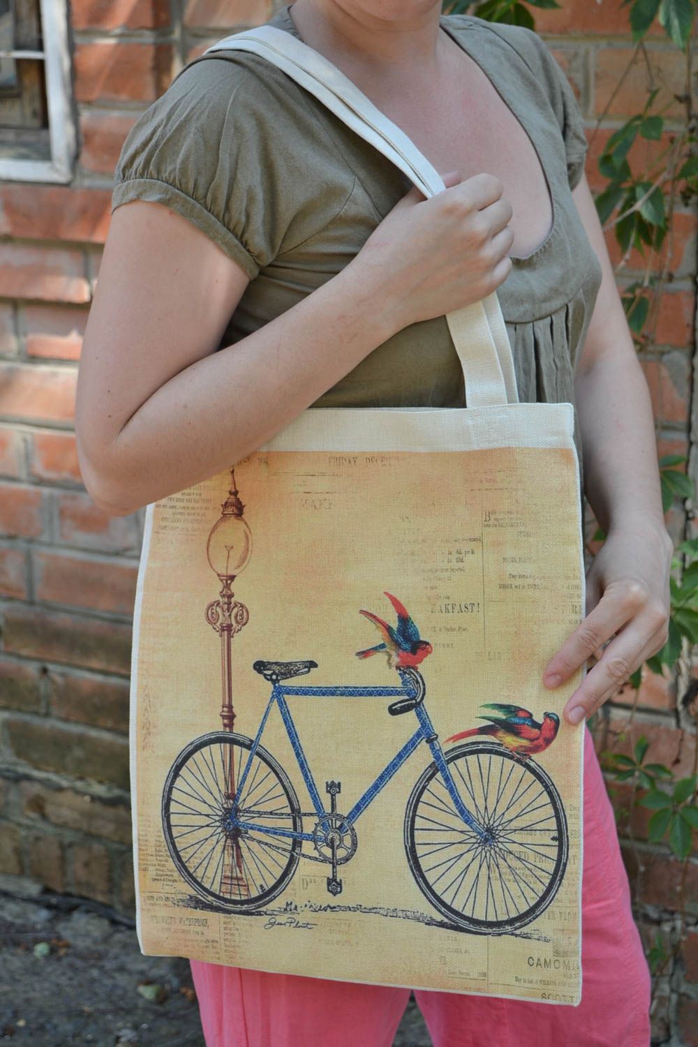 Handmade women's fabric shoulder bag with designer pattern bicycle and parrots photo 1