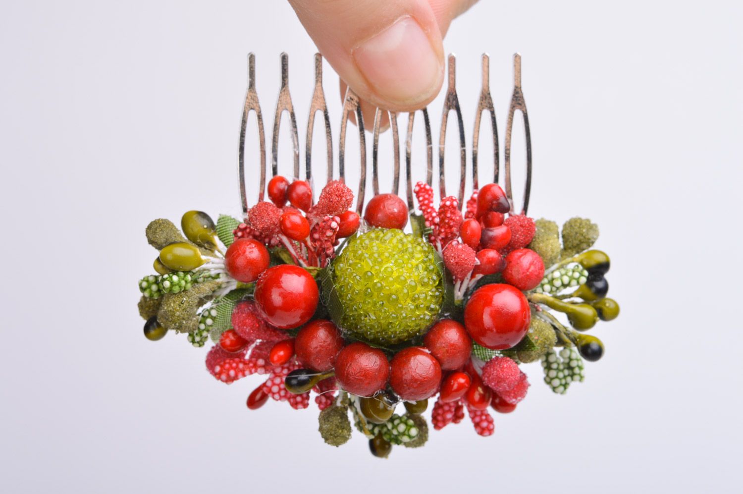 Beautiful handmade decorative metal hair comb with volume flowers and berries photo 3