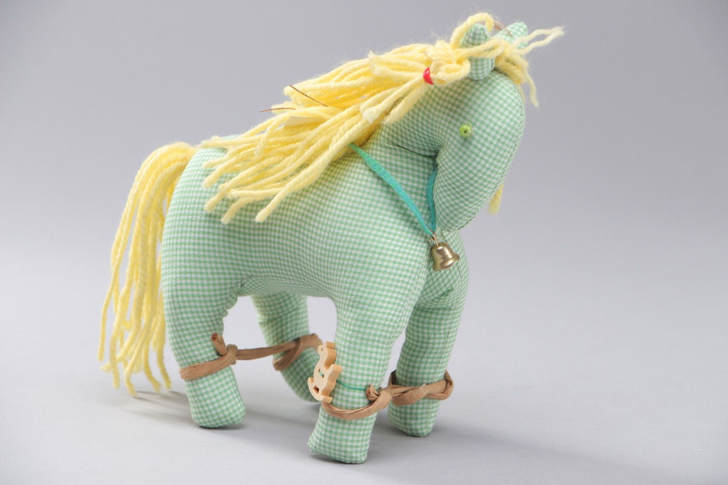Handmade soft toy sewn of light green checkered cotton Horse with yellow mane photo 1