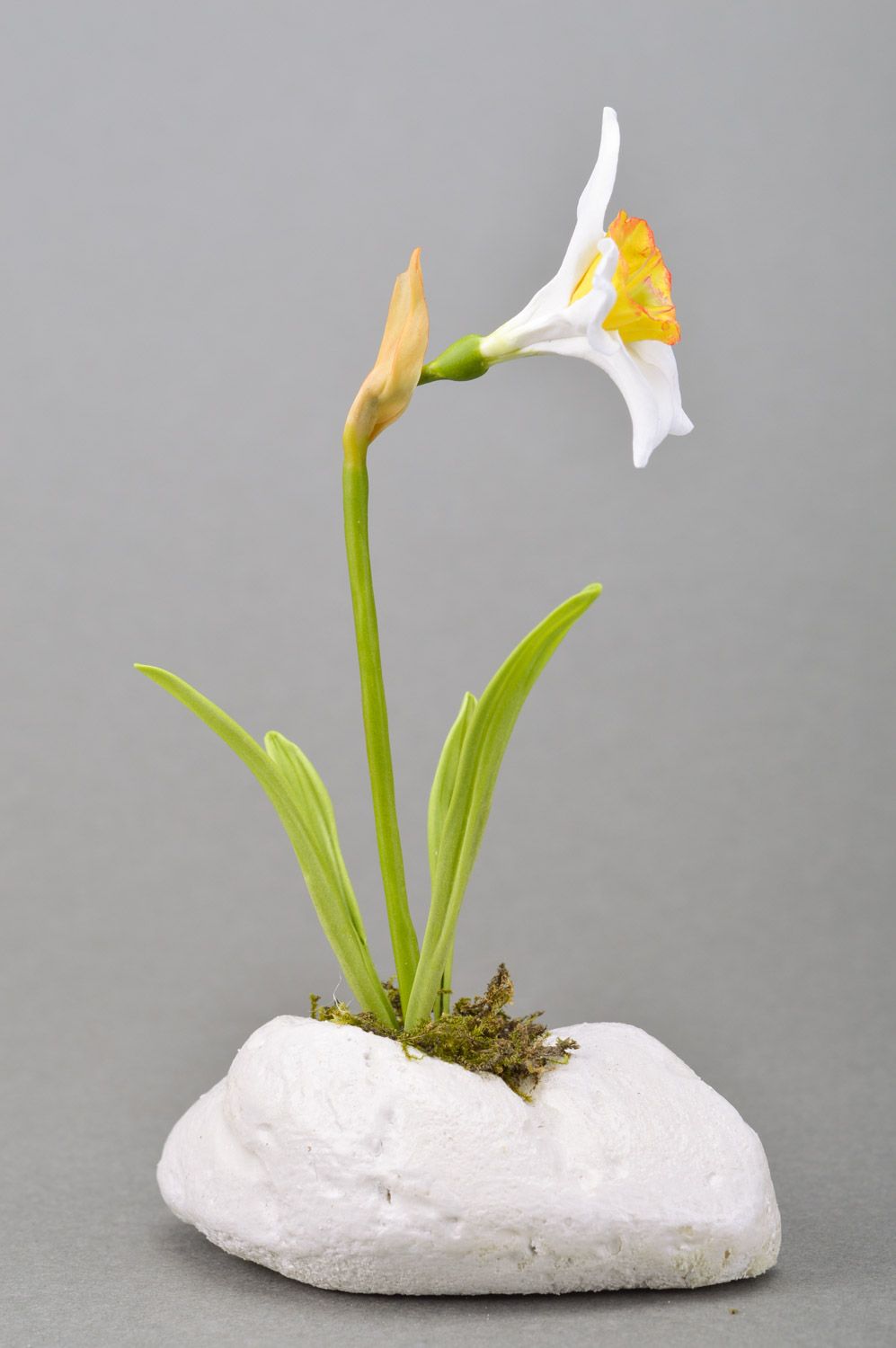 Handmade designer decorative white narcissus flower molded of polymer clay  photo 4
