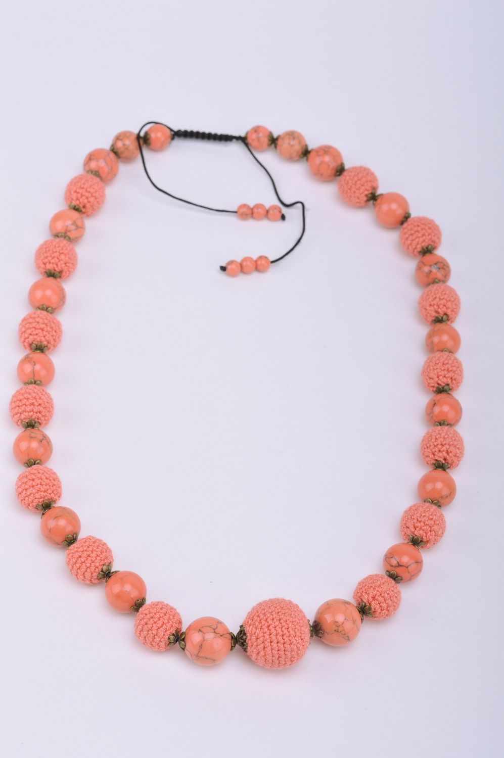 Unusual handmade long necklace woven of beads and threads of pink color for girls photo 2