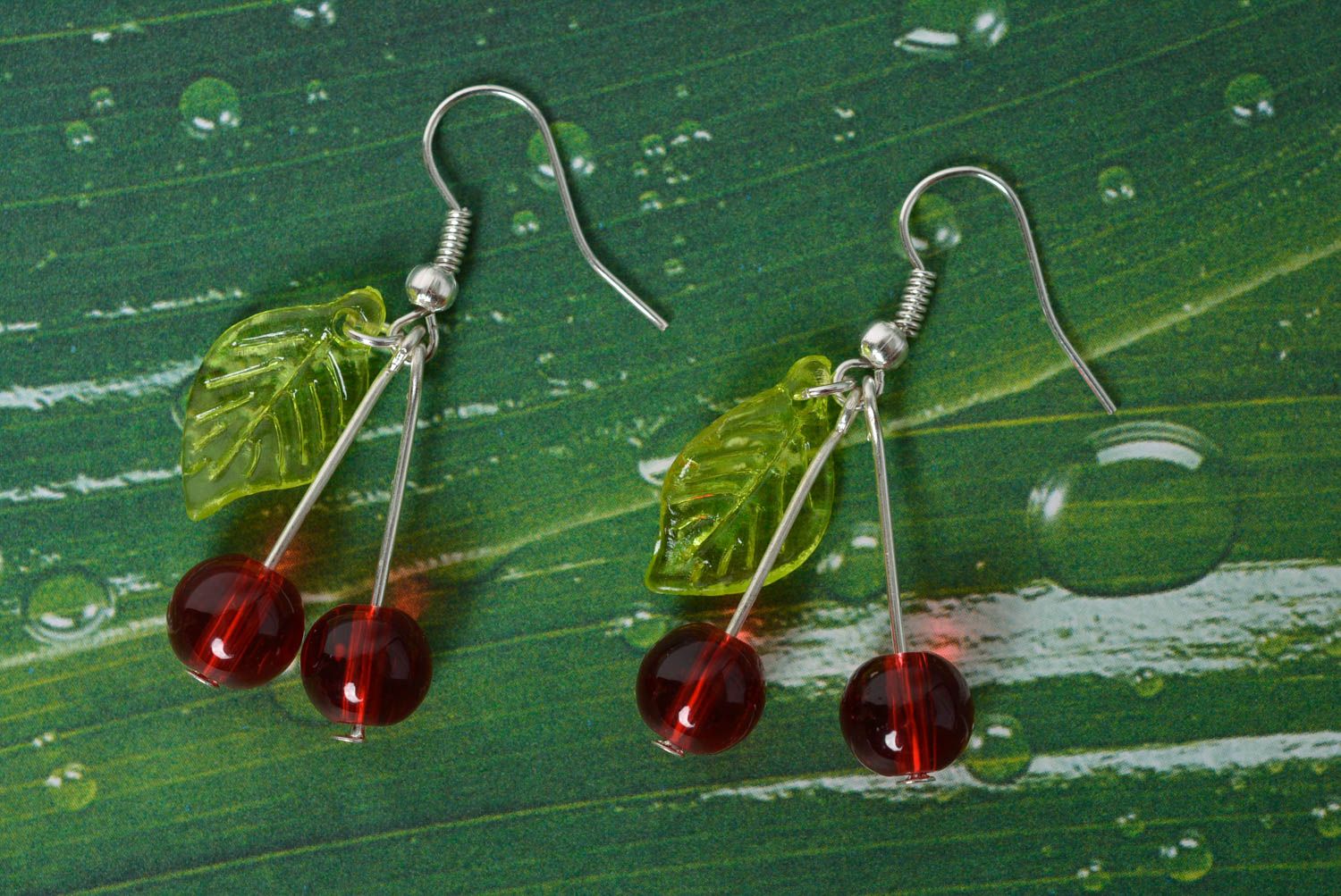 Earrings made of glass beads in the form of cherries long handmade accessory photo 1