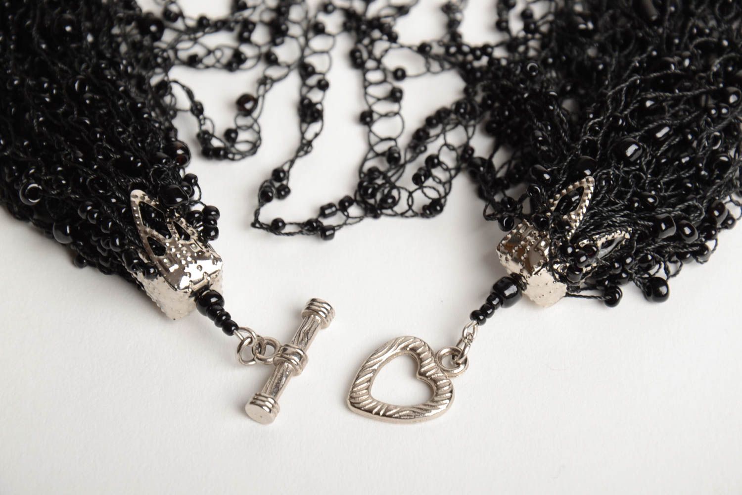 Handmade designer evening multi row airy necklace crocheted of black Czech beads photo 4