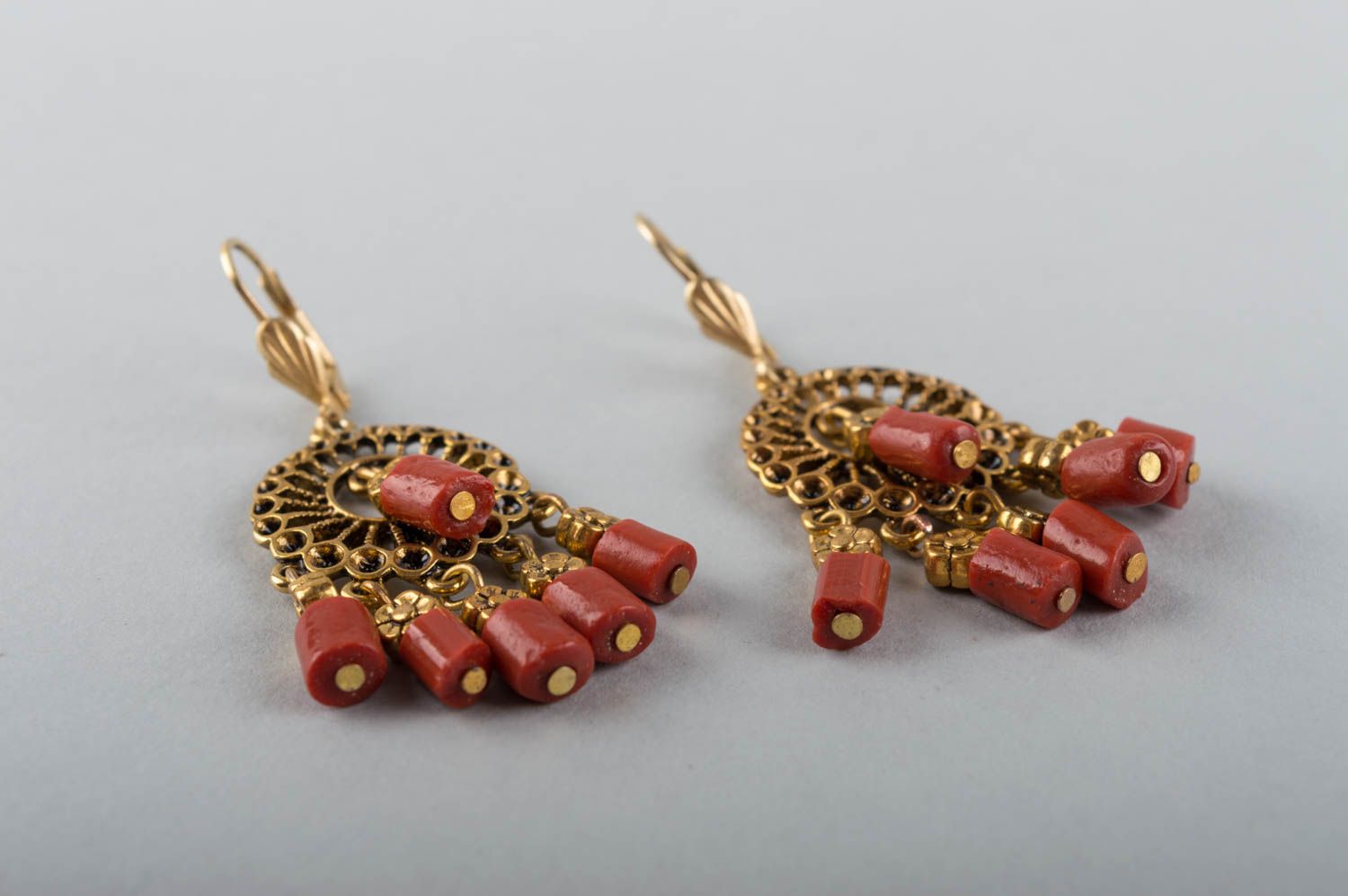Beautiful handmade round dangle earrings with coral beads designer jewelry photo 3