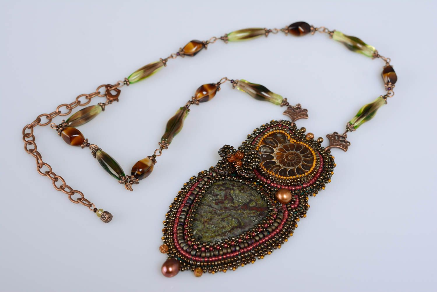 Handmade massive designer bead embroidered necklace leather basis with jasper photo 1