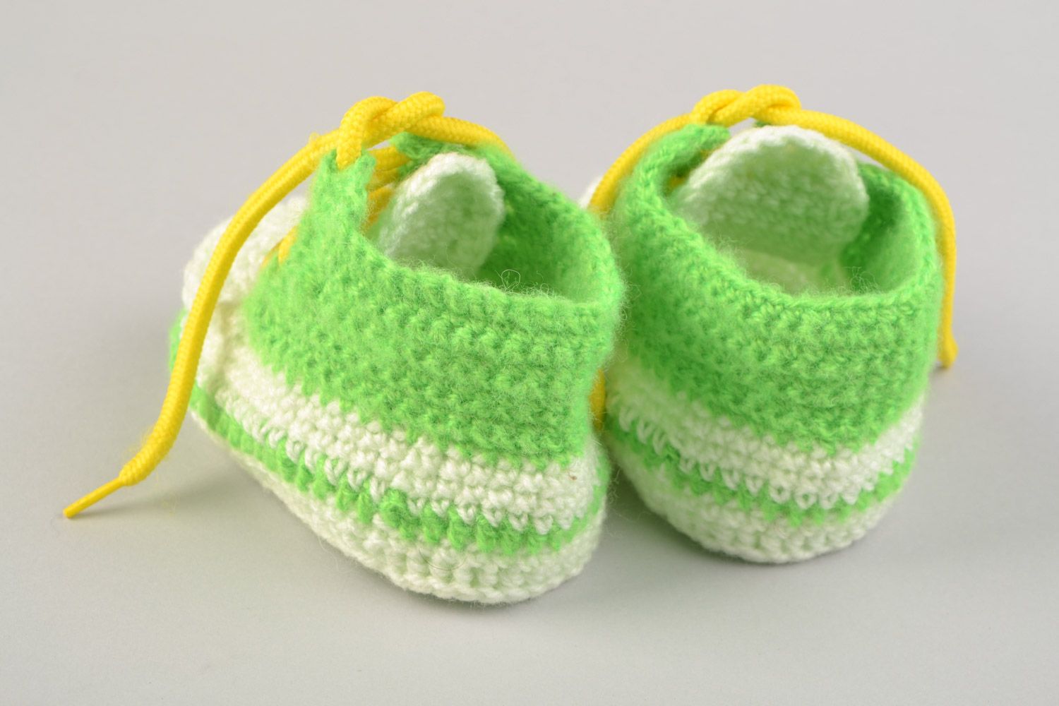 Handmade crocheted little baby booties green with yellow and white  photo 5