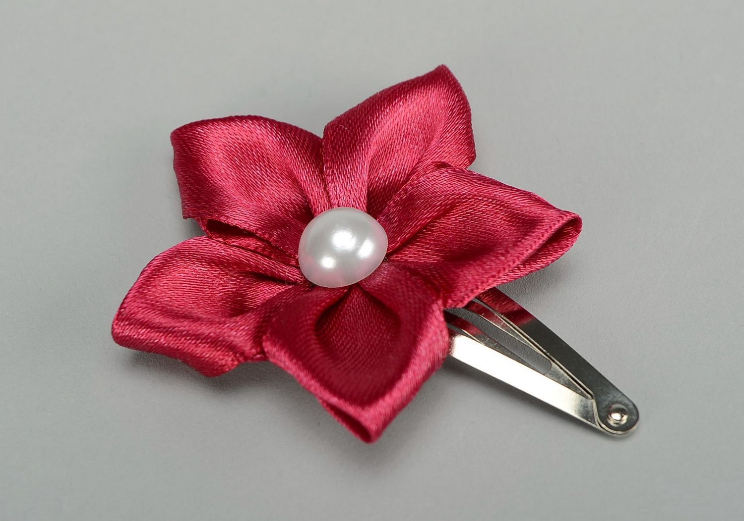 Barrette made of satin and metal Maroon Flower photo 2