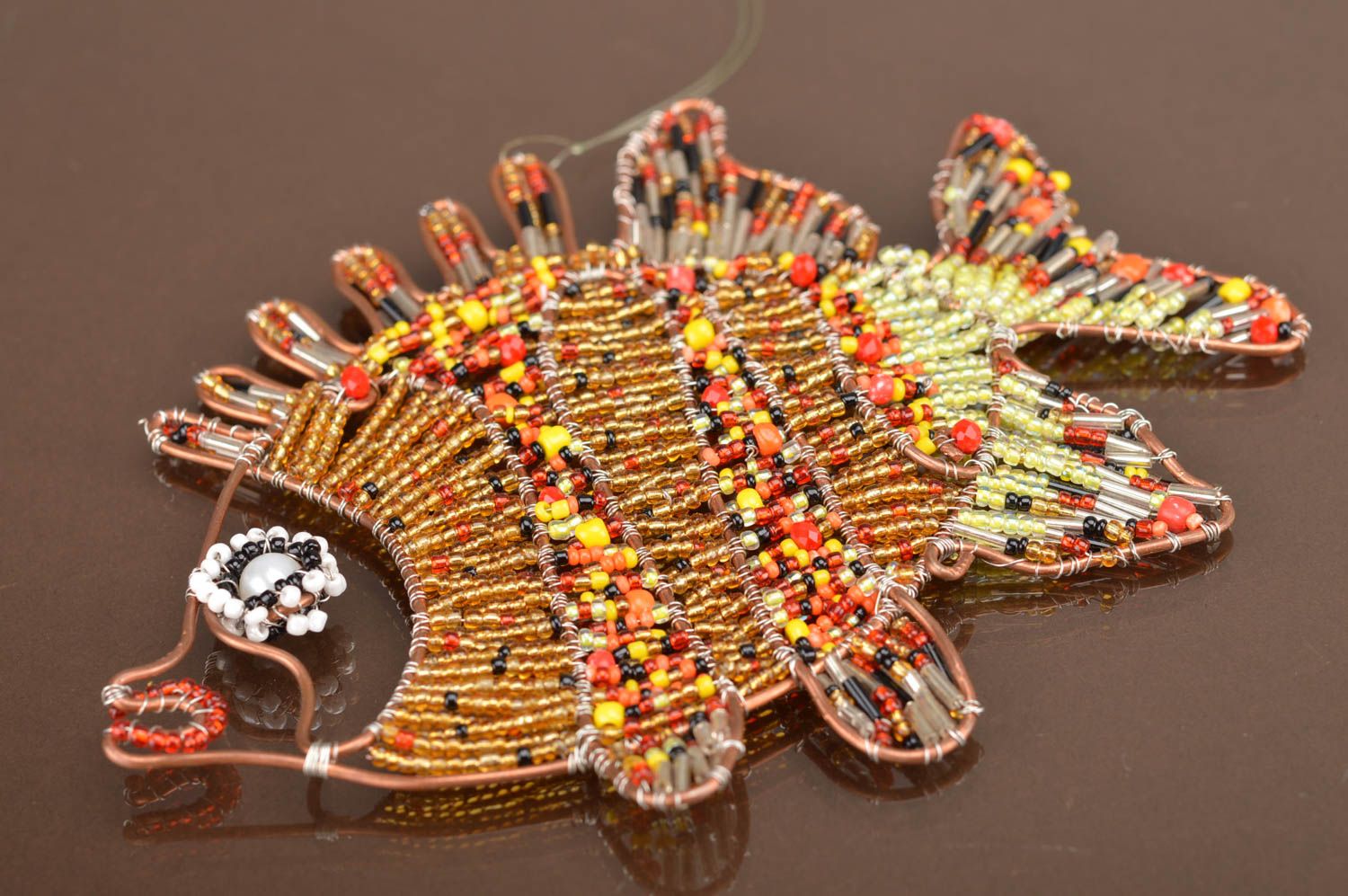 Handmade designer cute bright decorative pendant fish made of Czech beads photo 5