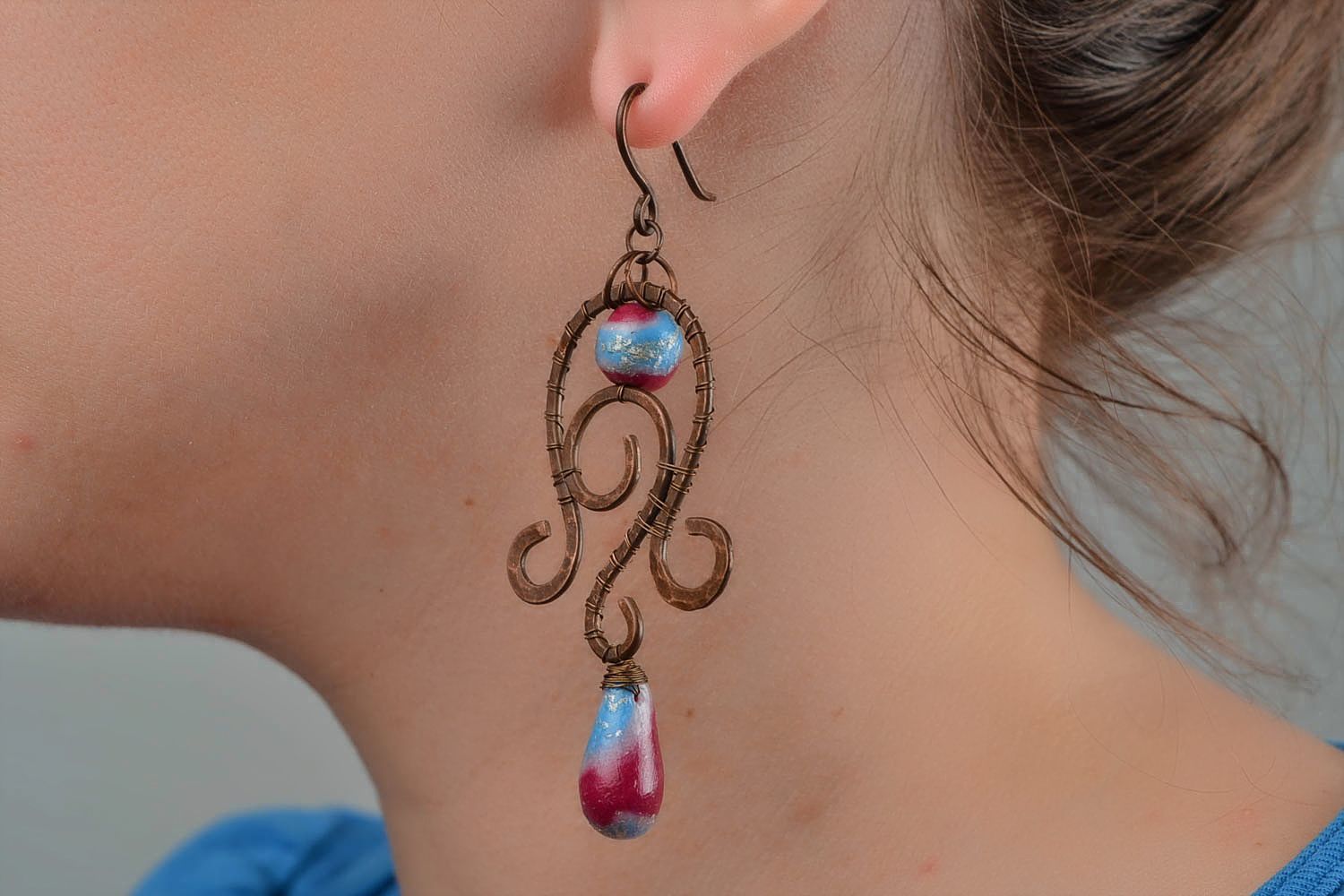 Unusual handmade wire wrap copper earrings with polymer clay beads photo 2