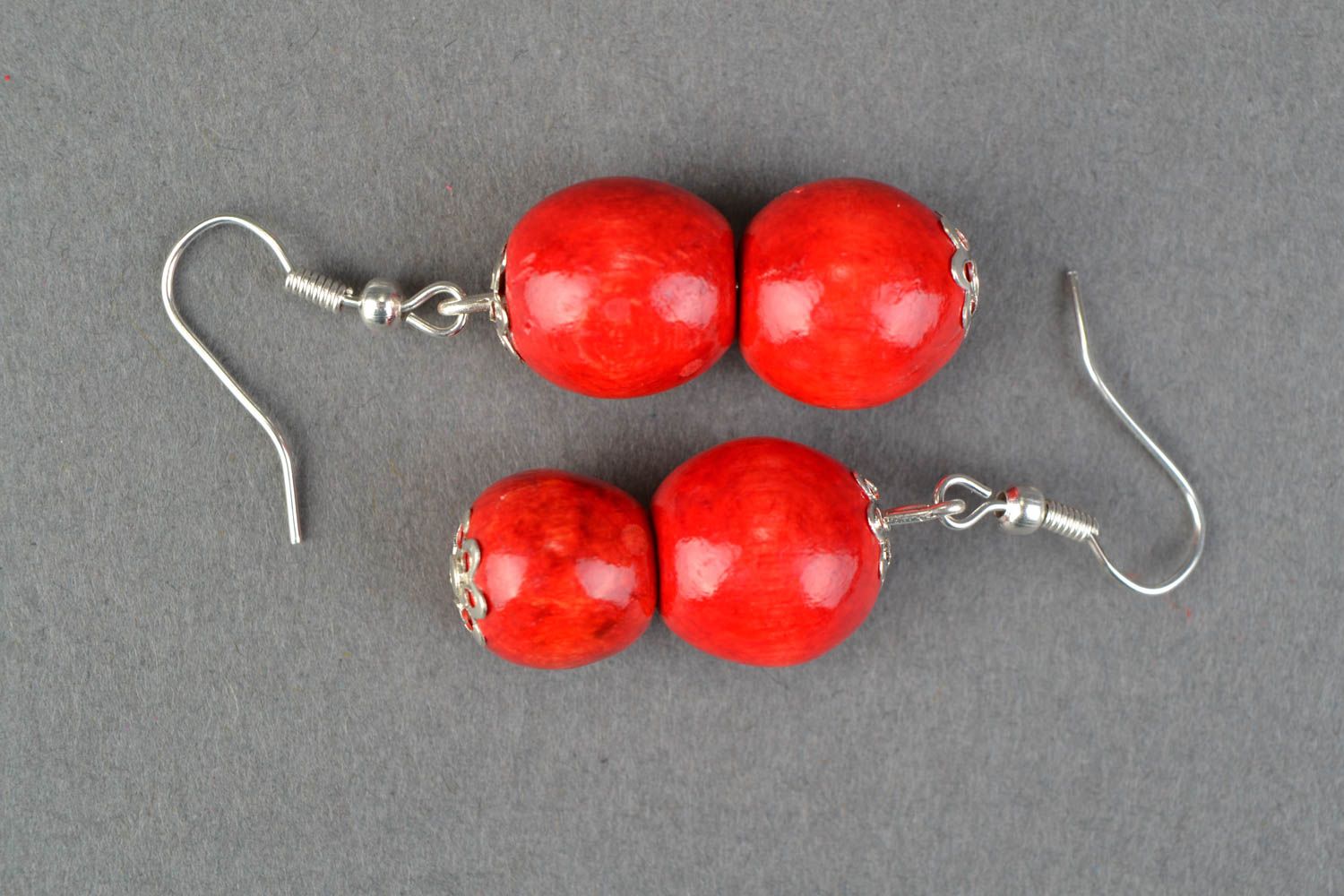 Red handmade wooden earrings photo 5