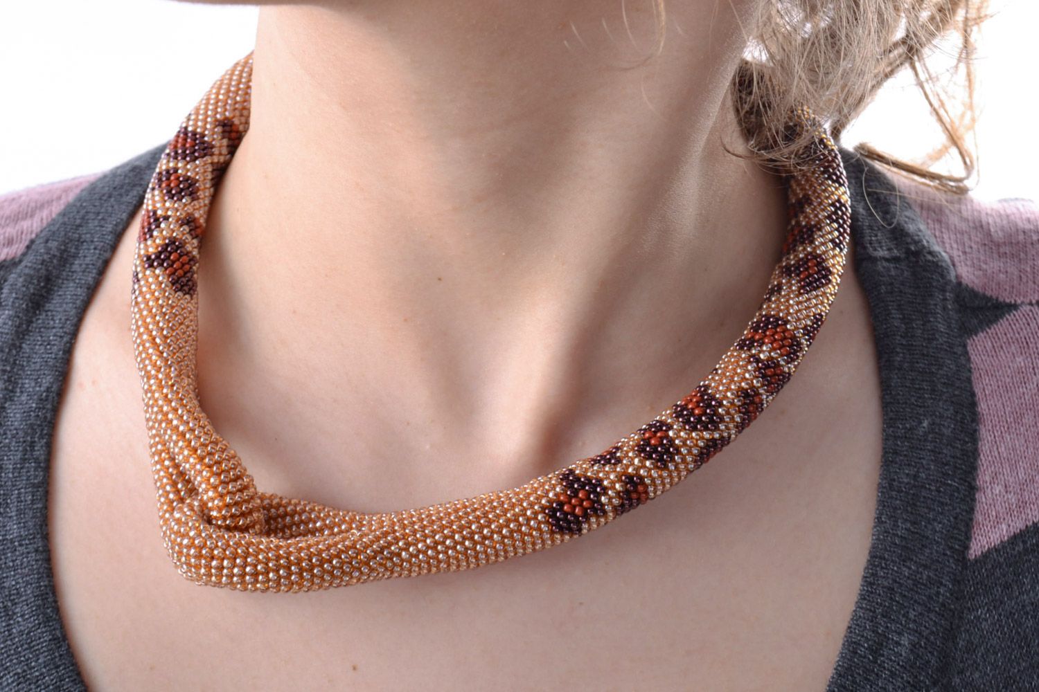 Beautiful designer handmade women's beaded cord necklace with leopard coloring photo 1