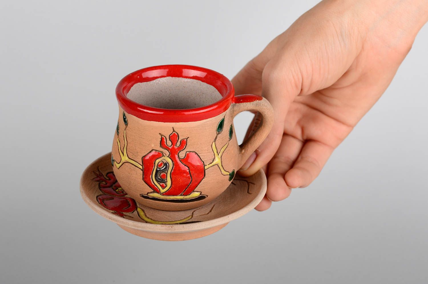 5 oz ceramic handmade drinking mulled wine cup with handle and saucer photo 5