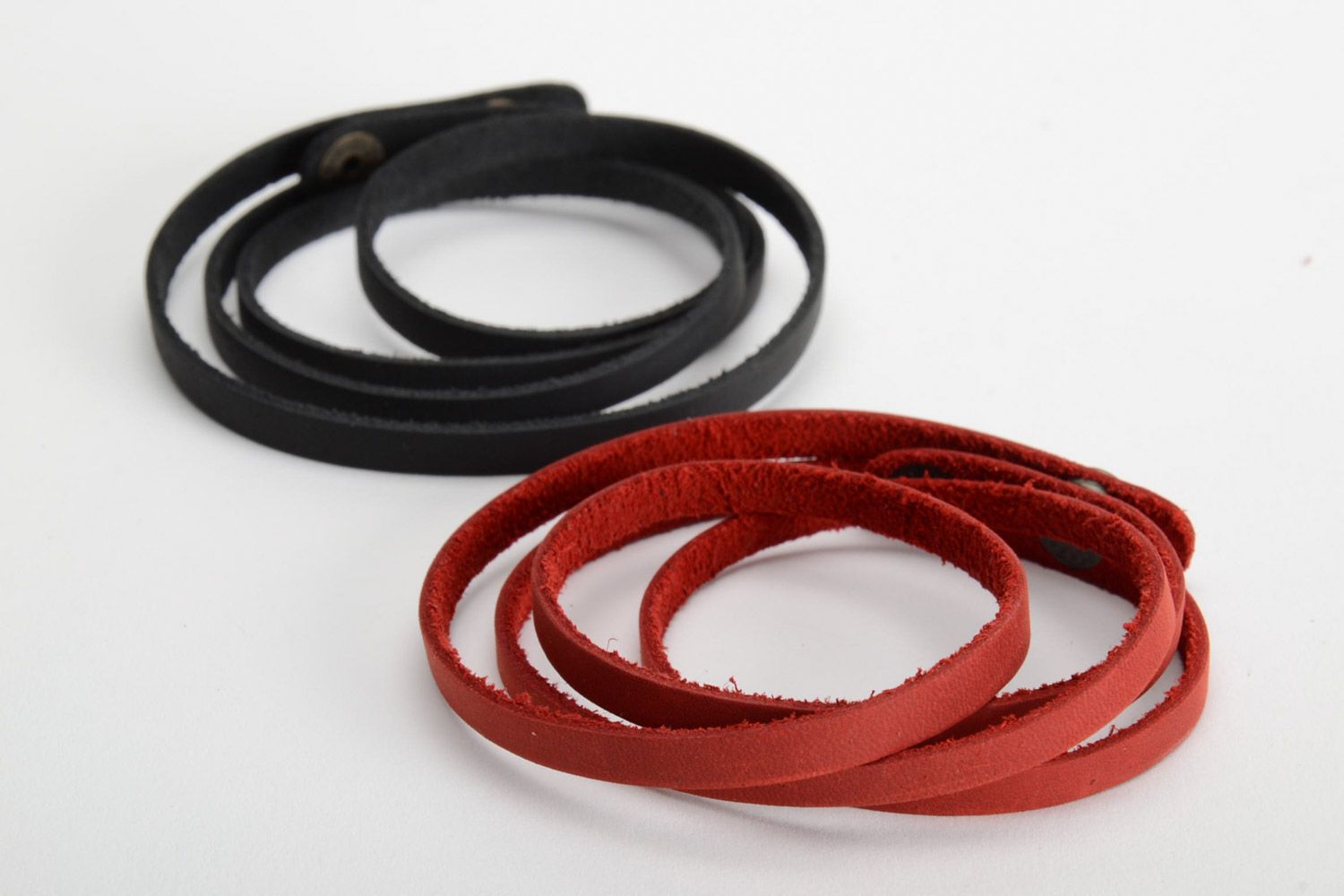 Set of two handmade multi wrap red and black genuine leather wrist bracelets  photo 4