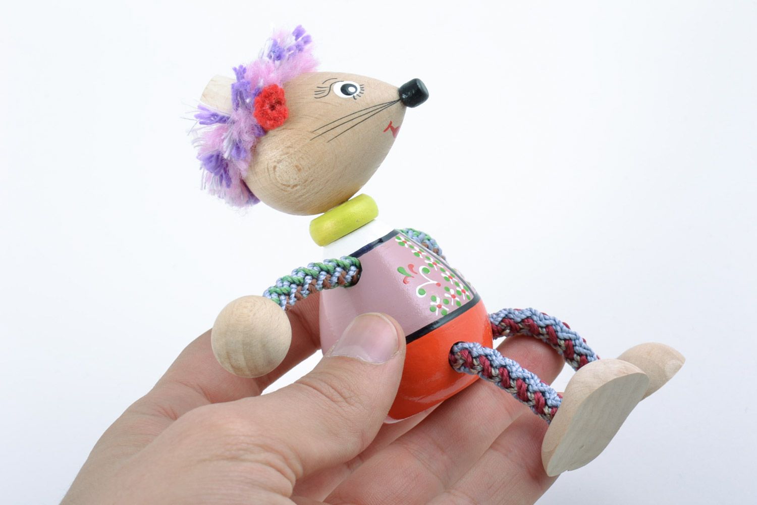 Beautiful wooden handmade toy mouse in ethnic clothing with head wreath photo 2