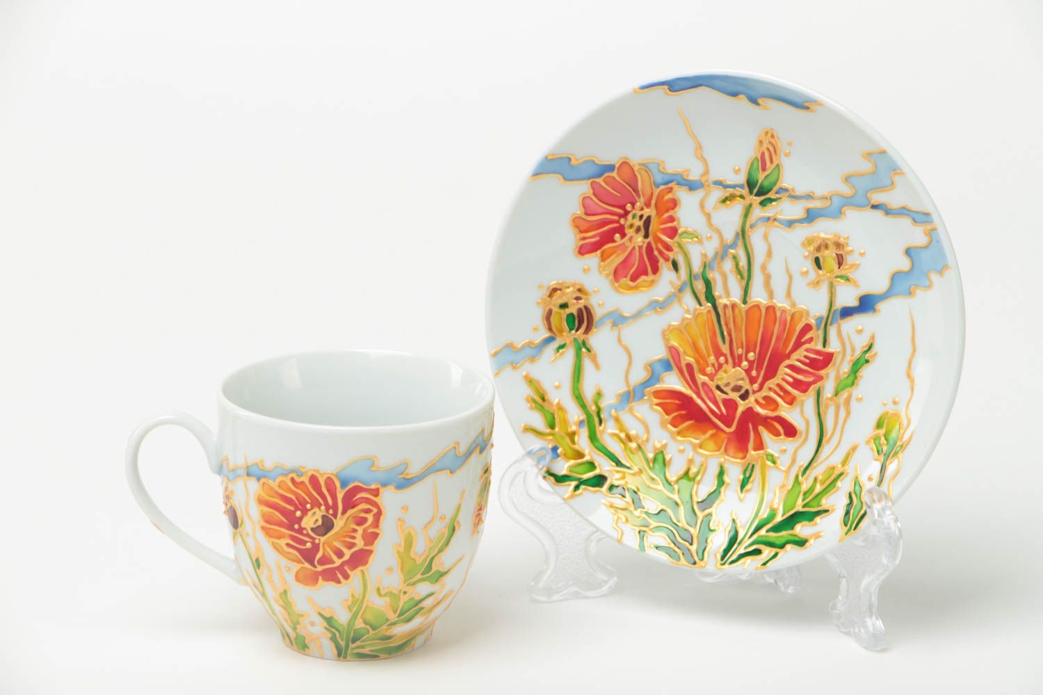 Ensemble tasse à café et soucoupe en céramique faites main motif floral 15 cl photo 2
