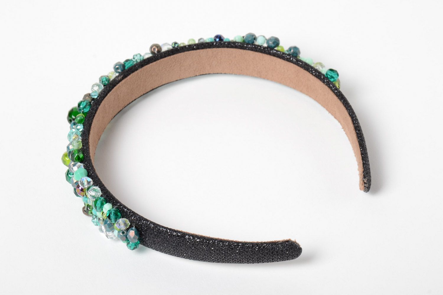 Festive handmade leather headband with beads of green color photo 4