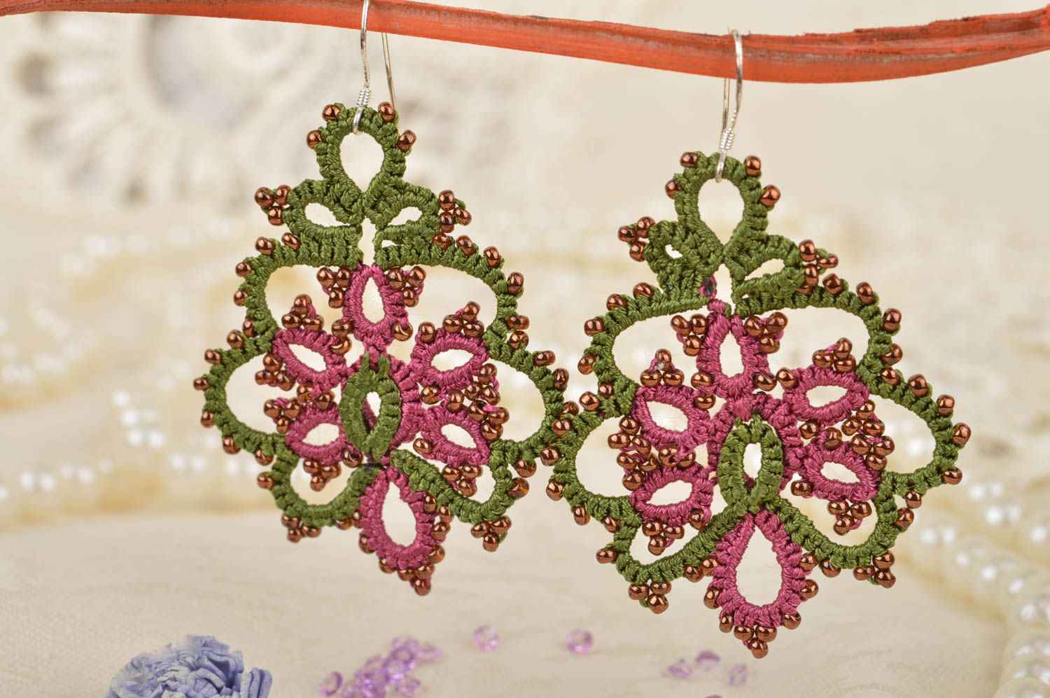 Beautiful women's handmade designer crochet tatted earrings with beads photo 1