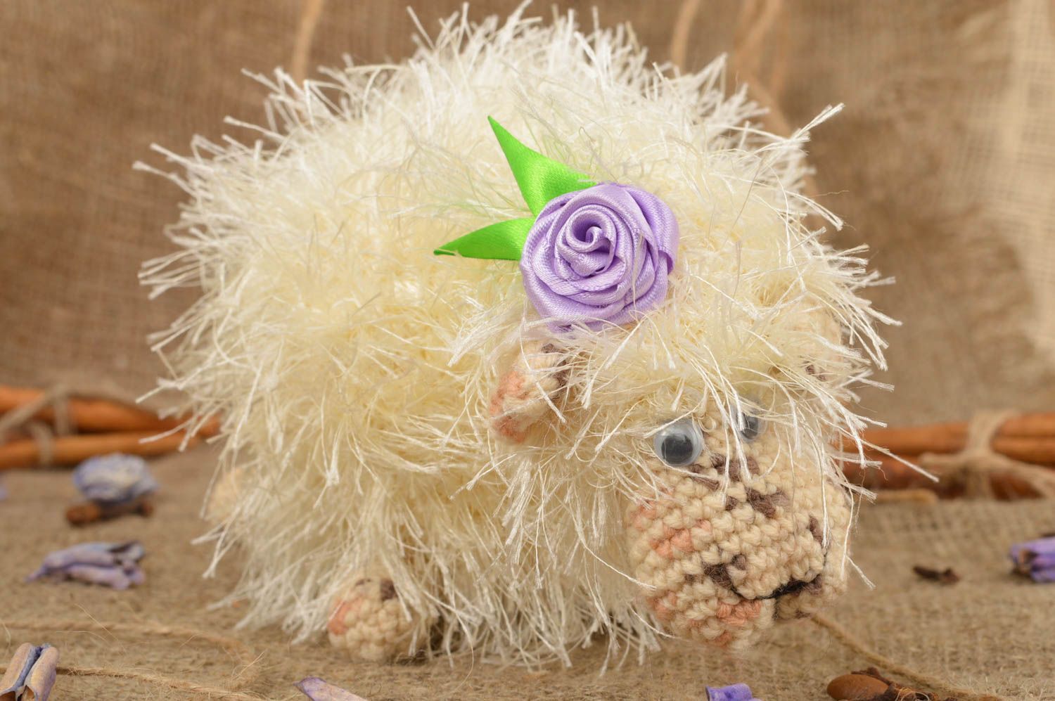 Handmade small fluffy soft toy crocheted of acrylic threads beige lamb  photo 1