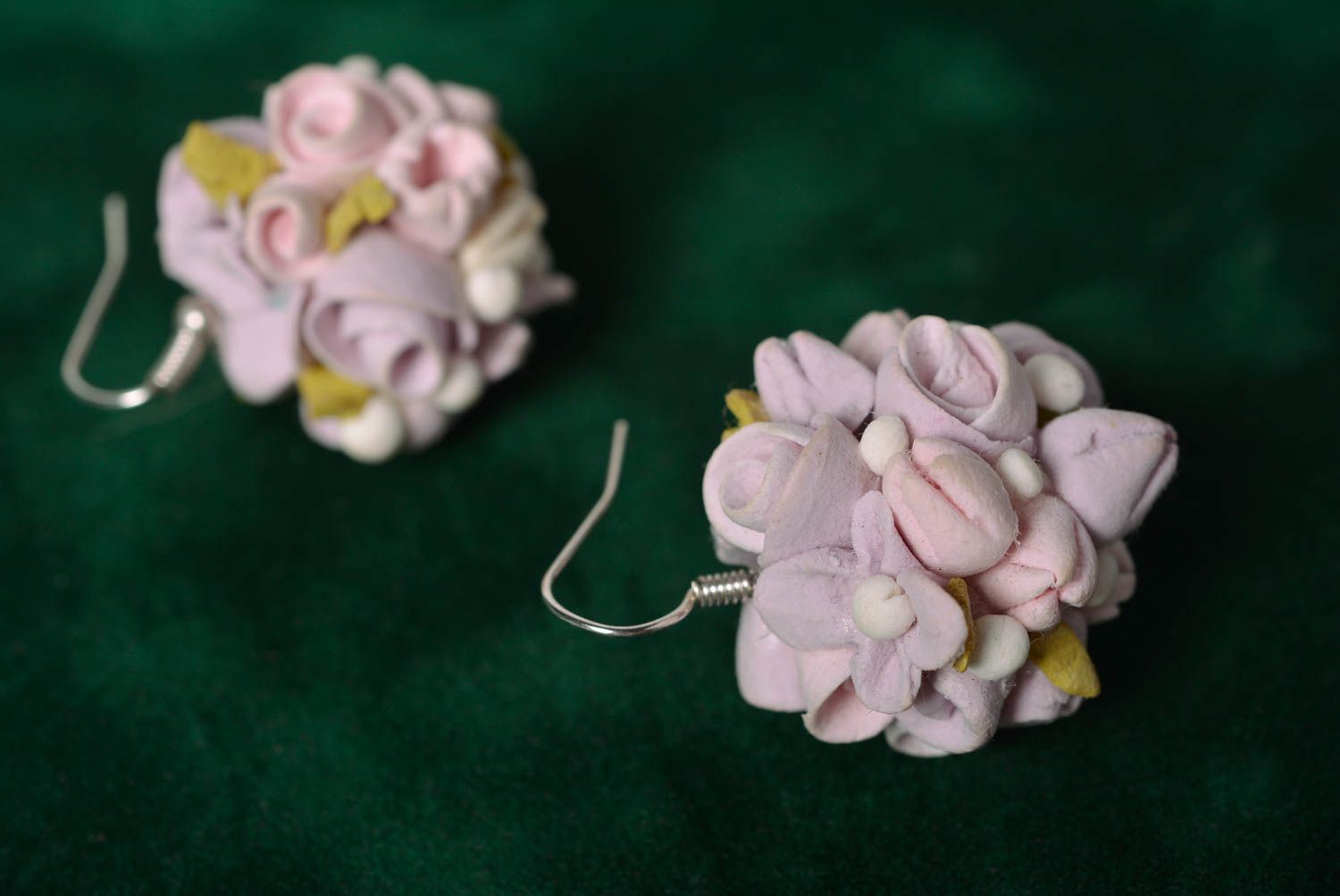 Handmade designer's earrings of polymer clay with lilac flowers photo 1