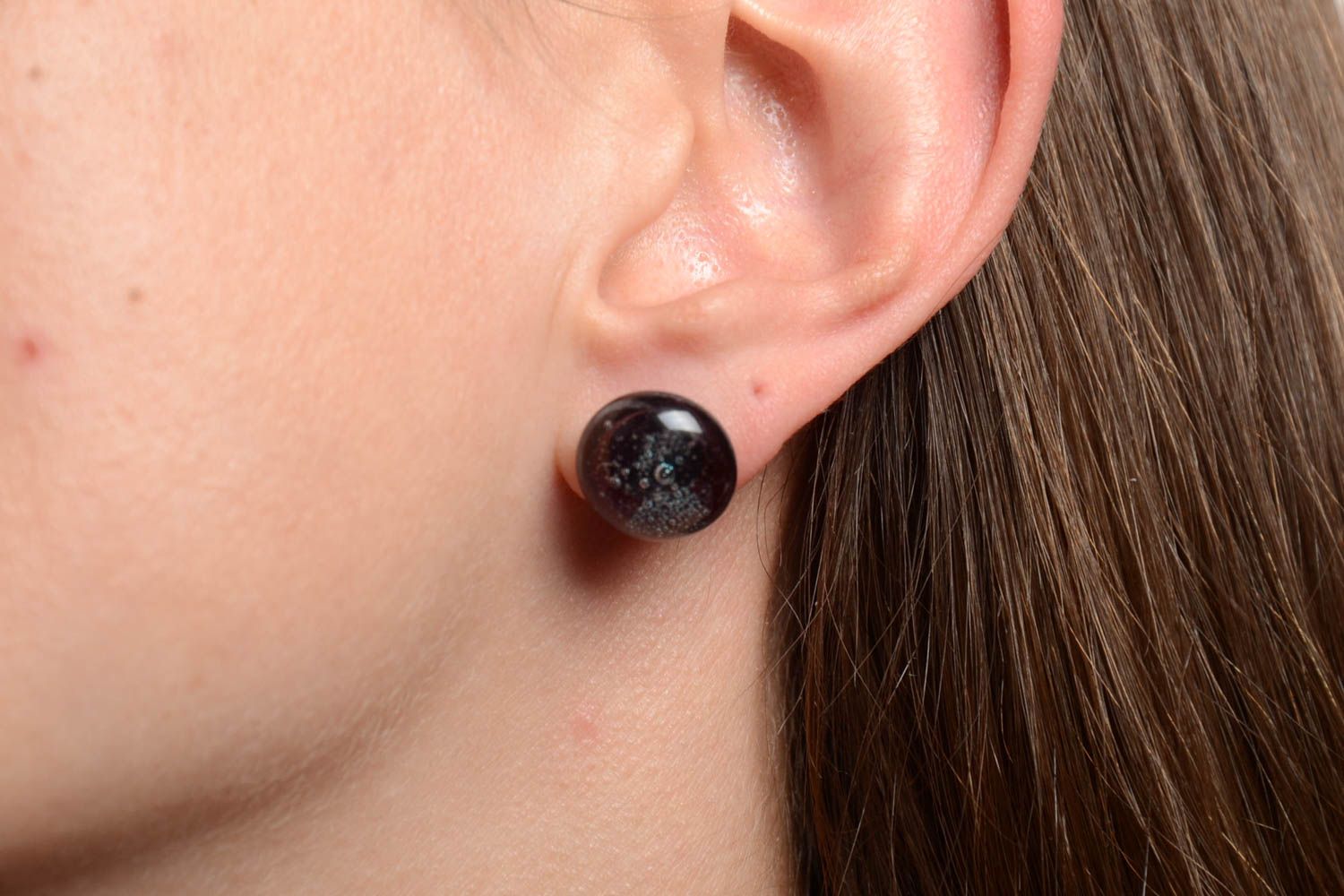 Small round stud earrings beautiful dark female glass handmade accessory photo 2