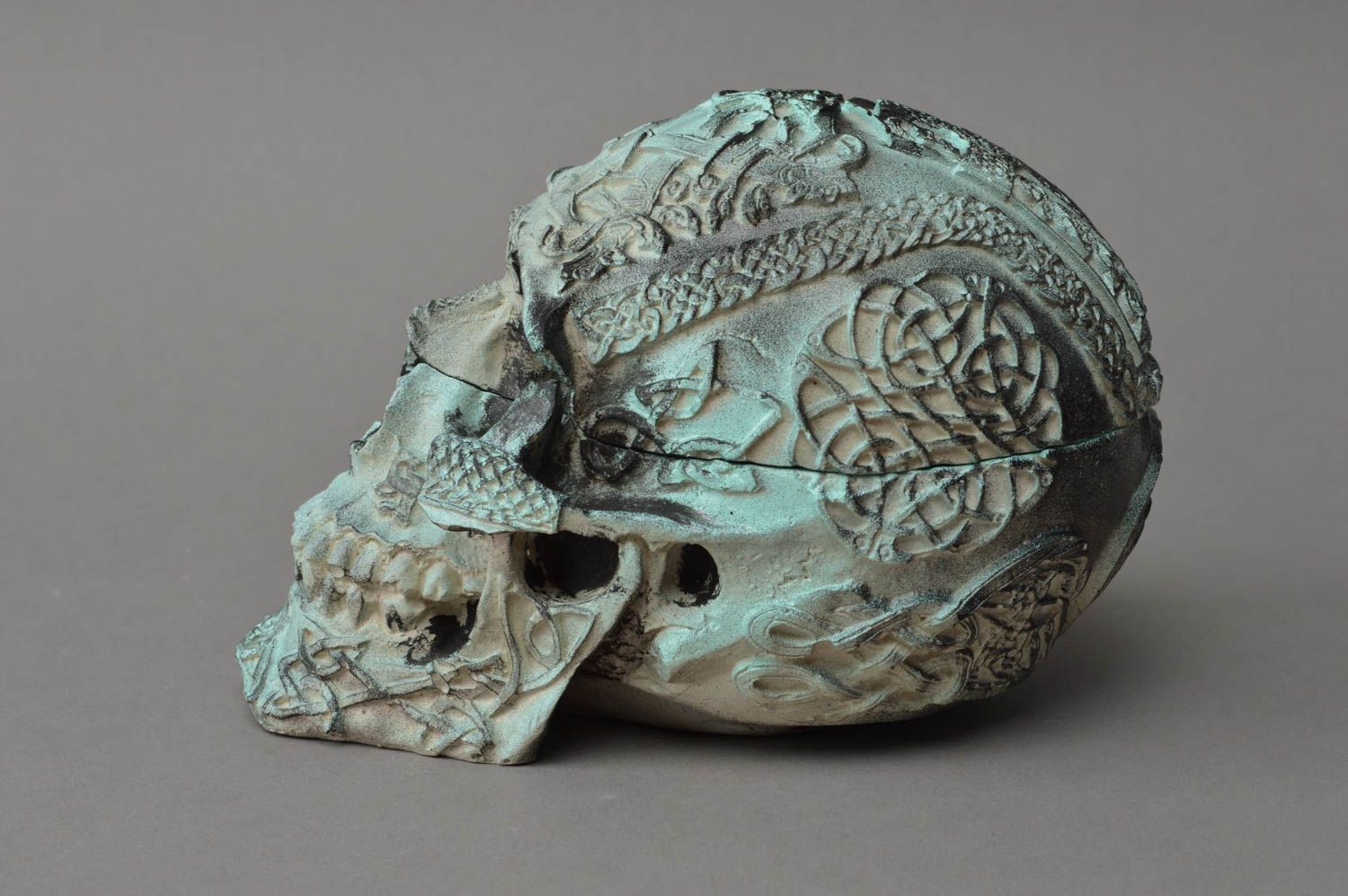 Handmade beautiful unusual jewelry box in shape of Celtic skull made of stucco photo 3