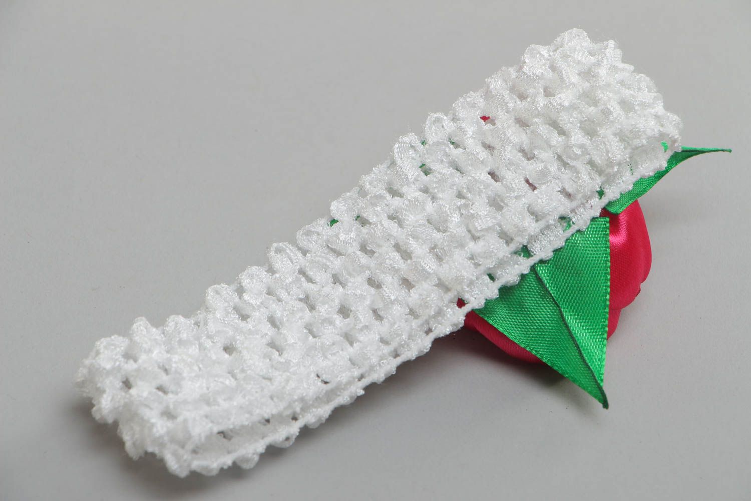 Unusual festive handmade satin flower headband of white color  photo 4