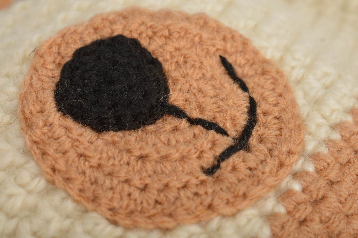 Crocheted beautiful unusual cute cap brown bear on strings 370 mm for kids photo 4