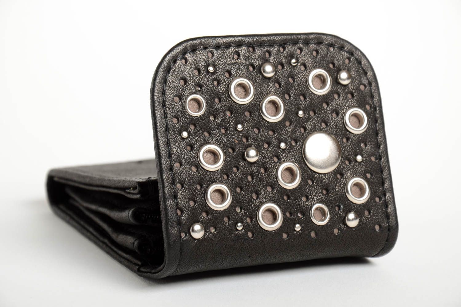 Schwarze Leder Geldbörse handmade Accessoire für Frauen Damen Geldbeutel foto 3