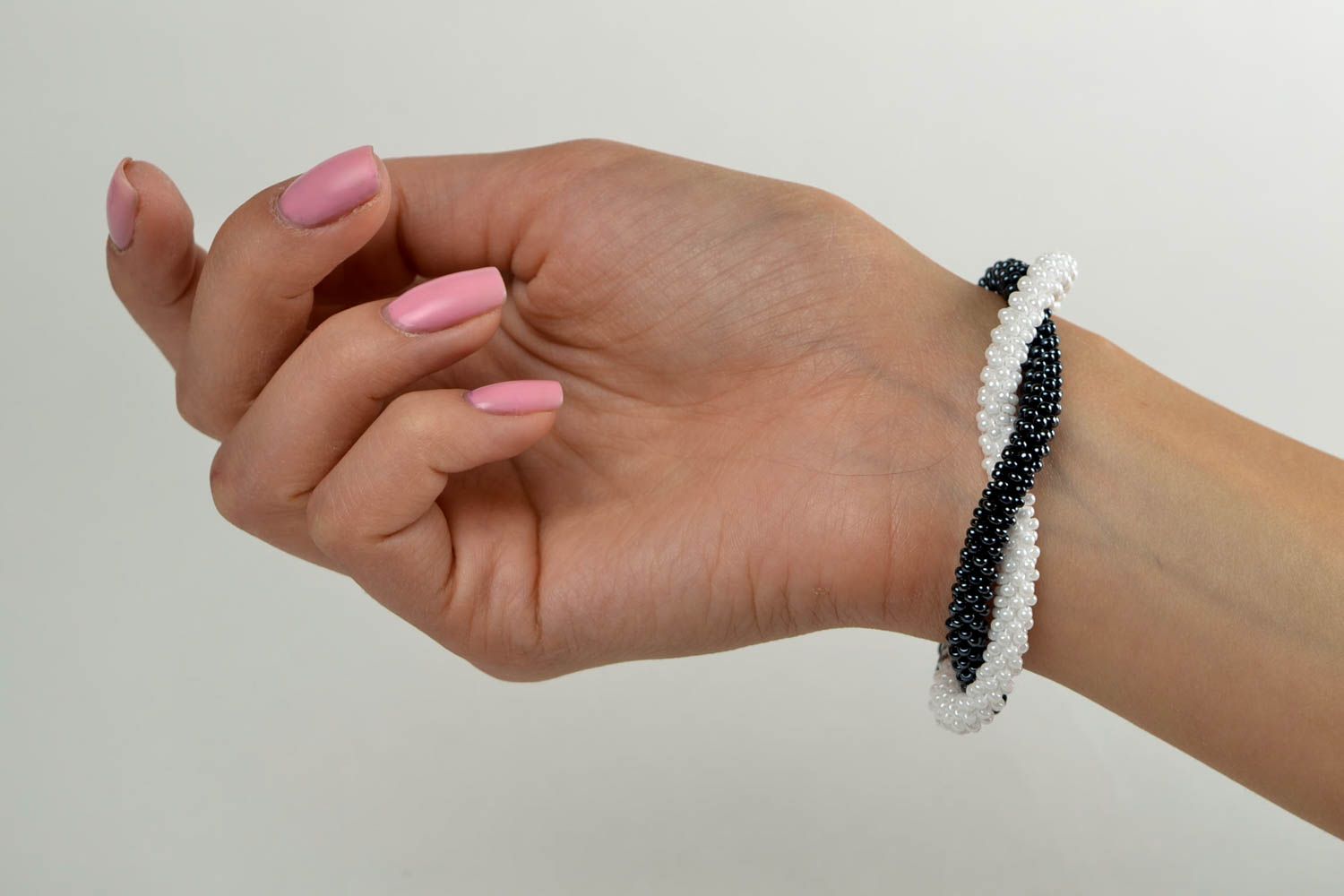Two cord beaded bracelets in white and black colors for women photo 1