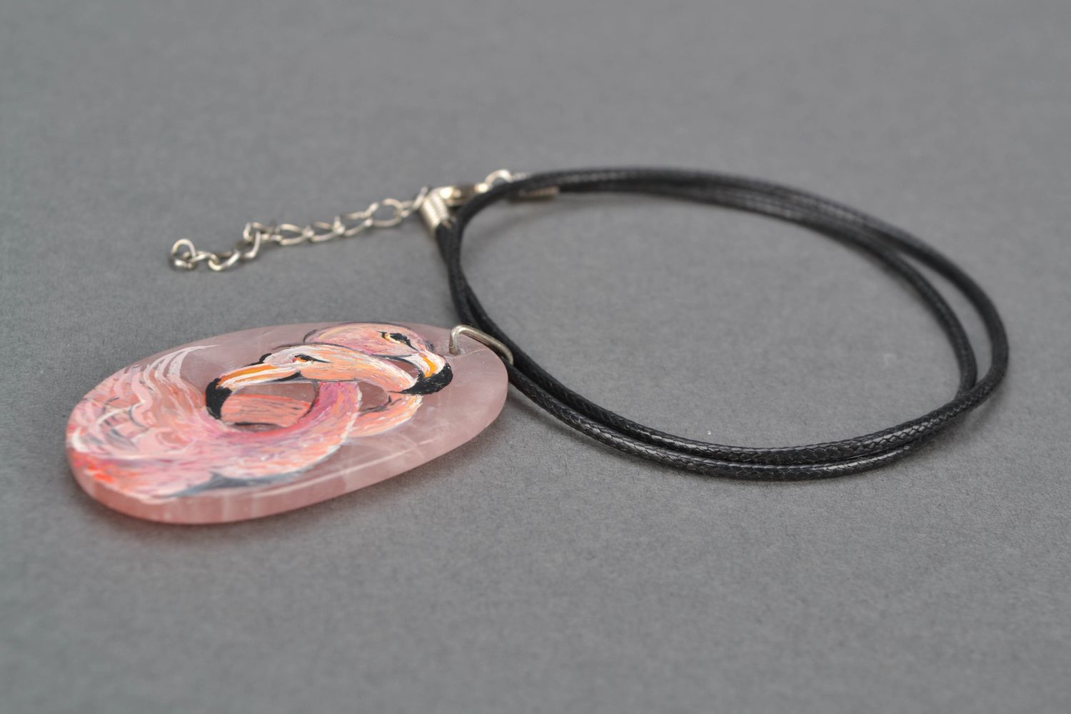 Natural quartz pendant with painting Pink Flamingos photo 4